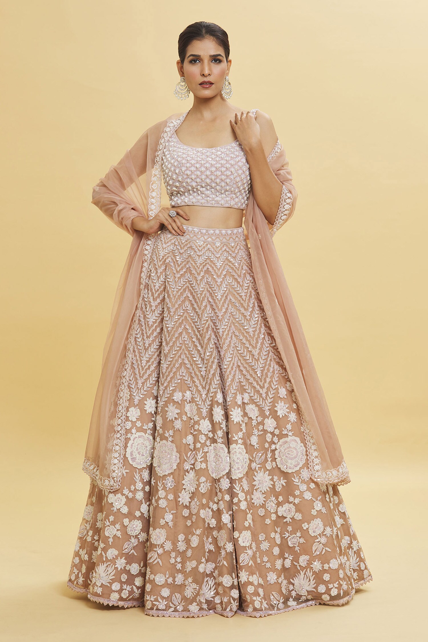 Buy Beige Organza Embroidery Floral Scoop Neck Chevron And Lehenga Set