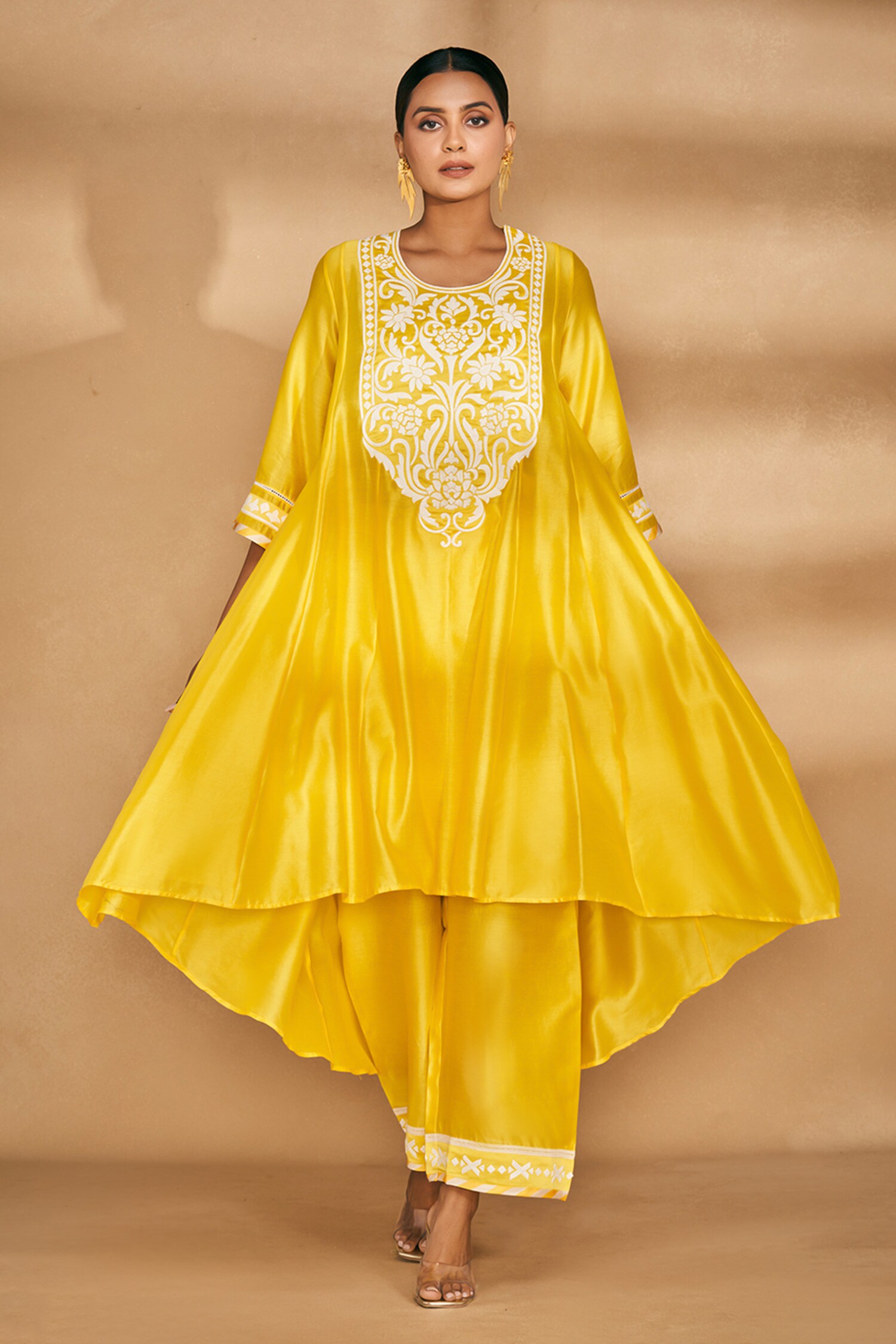 Buy Gulabo By Abu Sandeep Yellow Chanderi Applique Asymmetric Kali