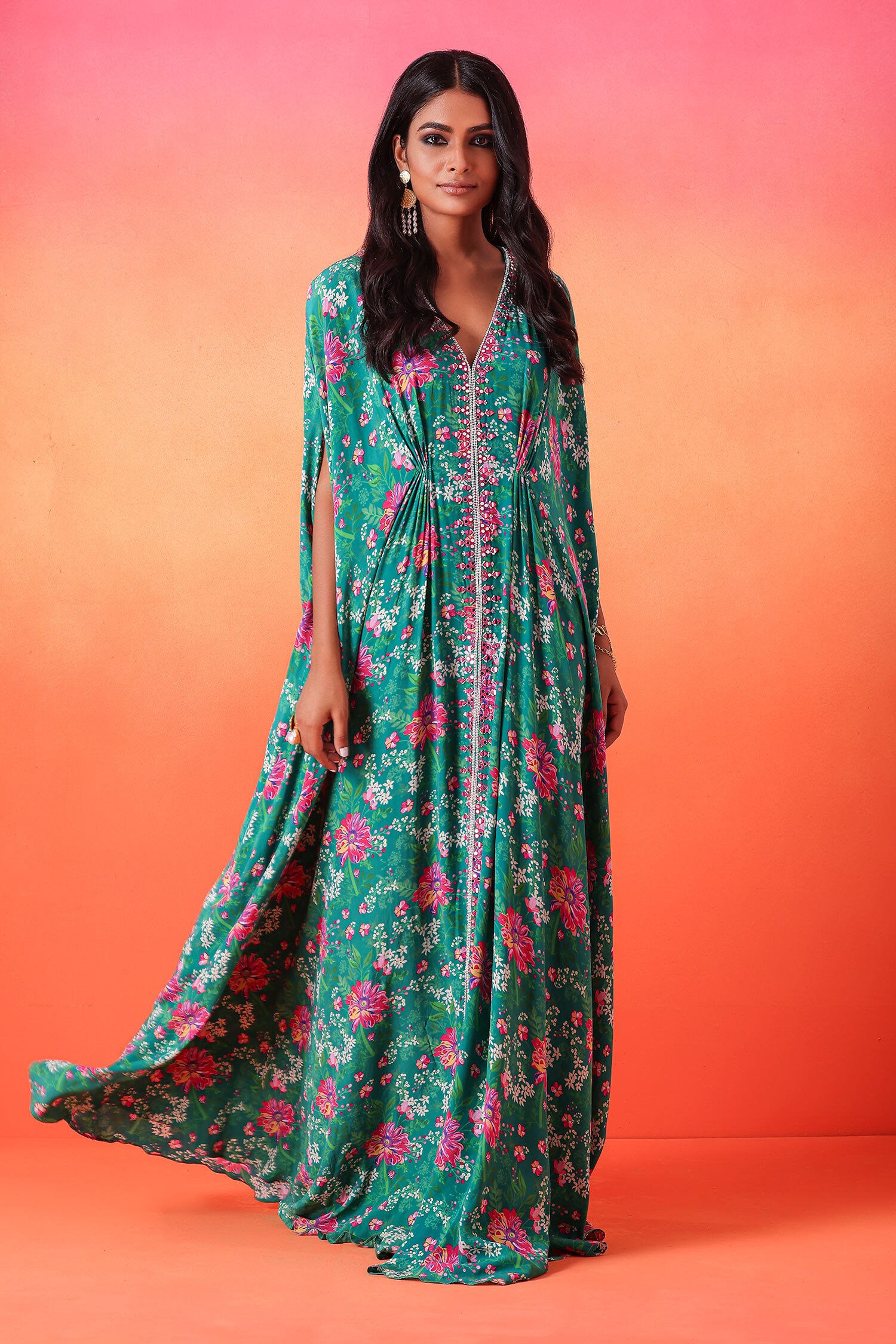 Buy Green Crepe Print Floral V Neck Flower Kaftan For Women By Seema