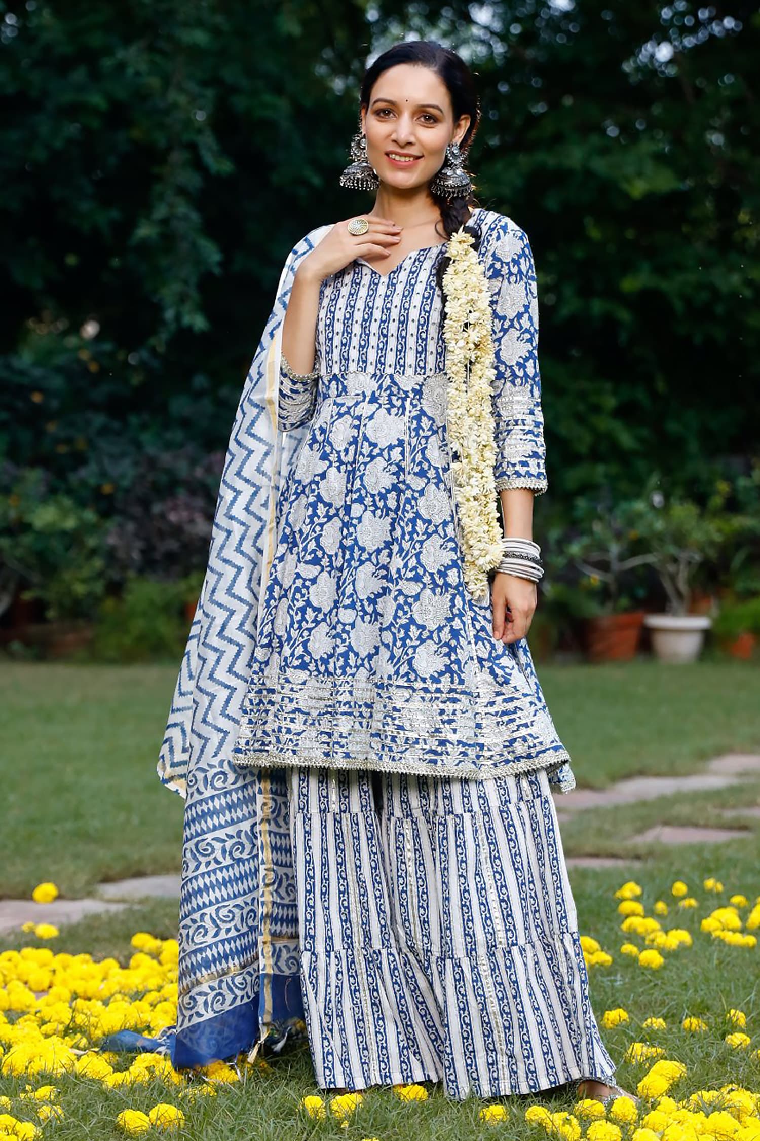 Buy Blue Cotton Printed Floral Patterns Notched Peplum Kurta Sharara