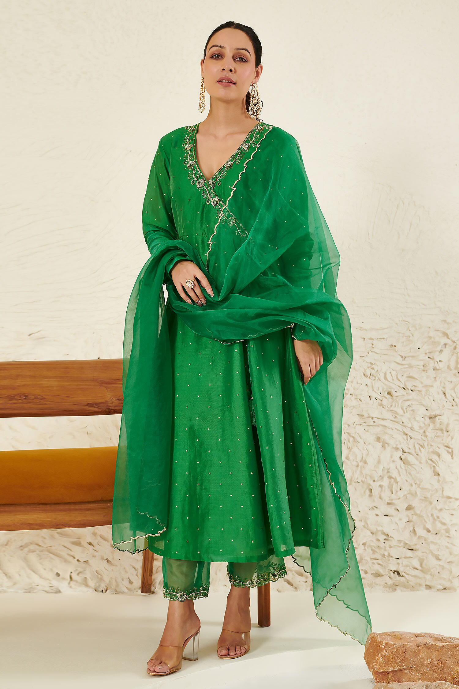 Buy Green Chanderi Hand Embroidered Mukaish V Neck Anarkali Angrakha