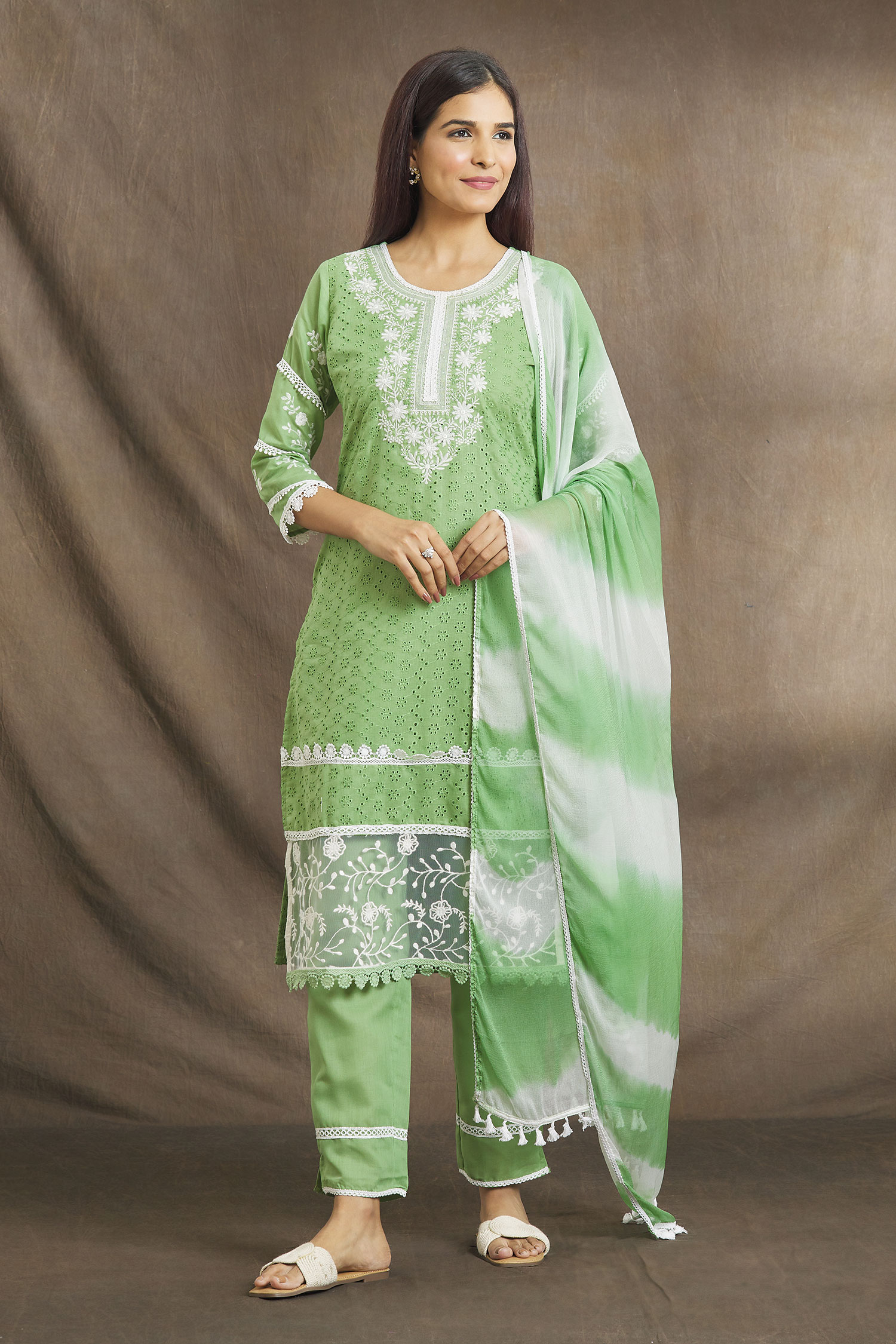 Buy Green Kurta Cotton Schiffli Embroidered Chikankari Round Set For