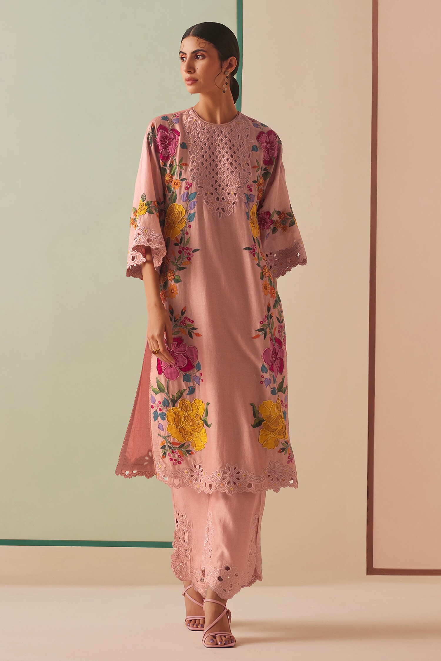 Buy Chandrima Pink Chanderi Beads Embroidered Kurta And Pant Set Online