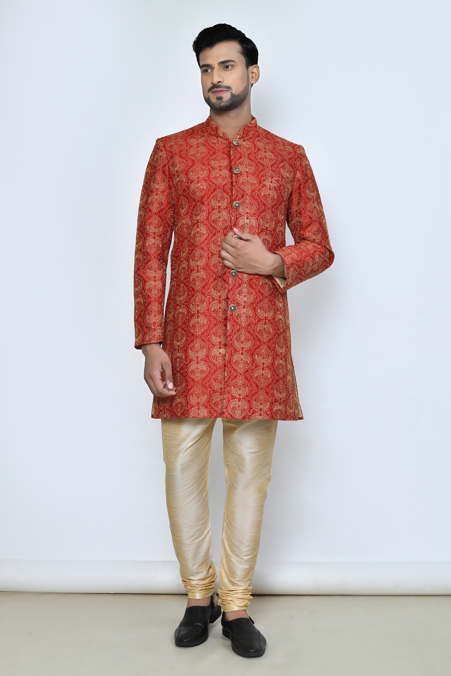 Buy Maroon Dupion Silk Embroidered Paisley Sherwani With Churidar For