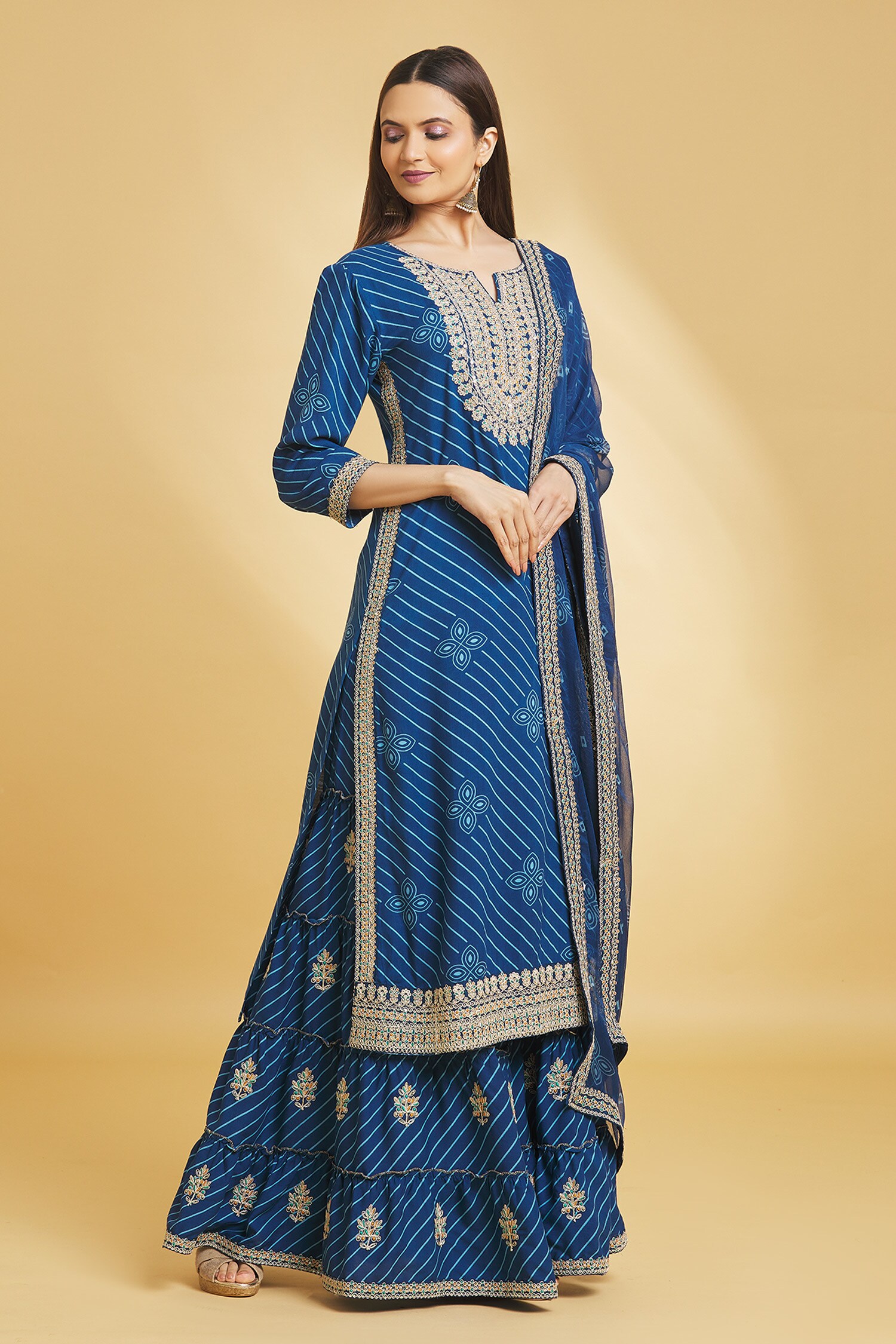 Buy Blue Rayon Printed Embroidered Floral Stripe Kurta Sharara Set For