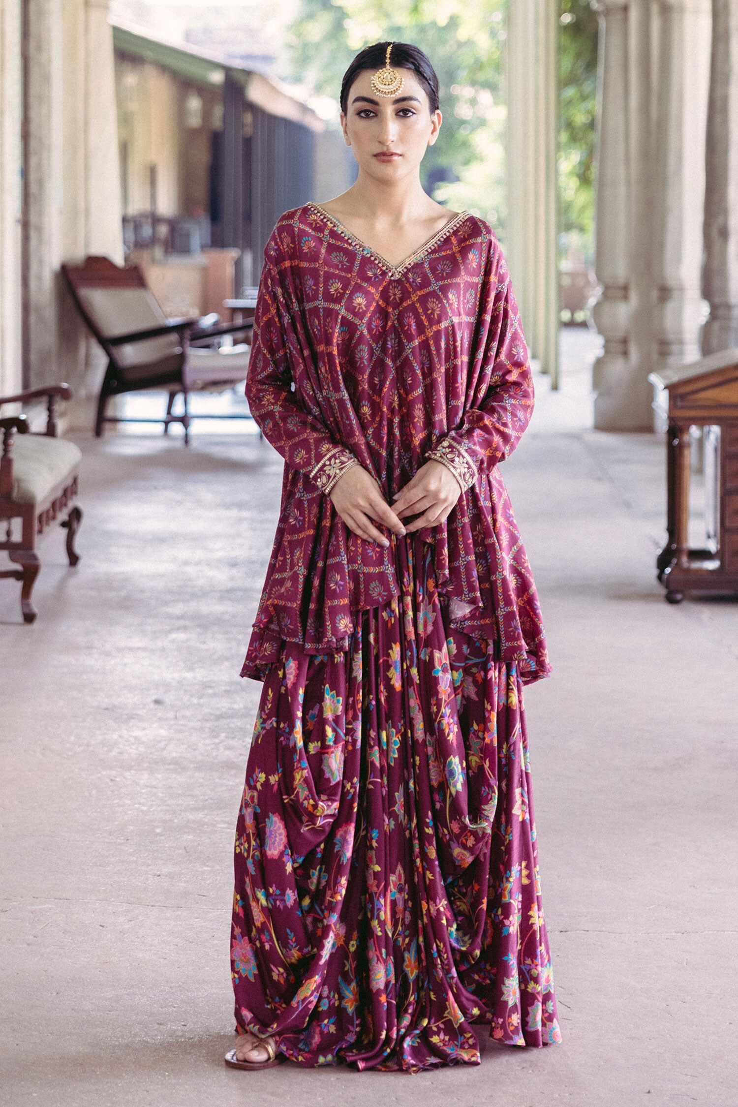 Buy Drishti Zahabia Purple Dupion Silk Floral Print Asymmetric Tunic