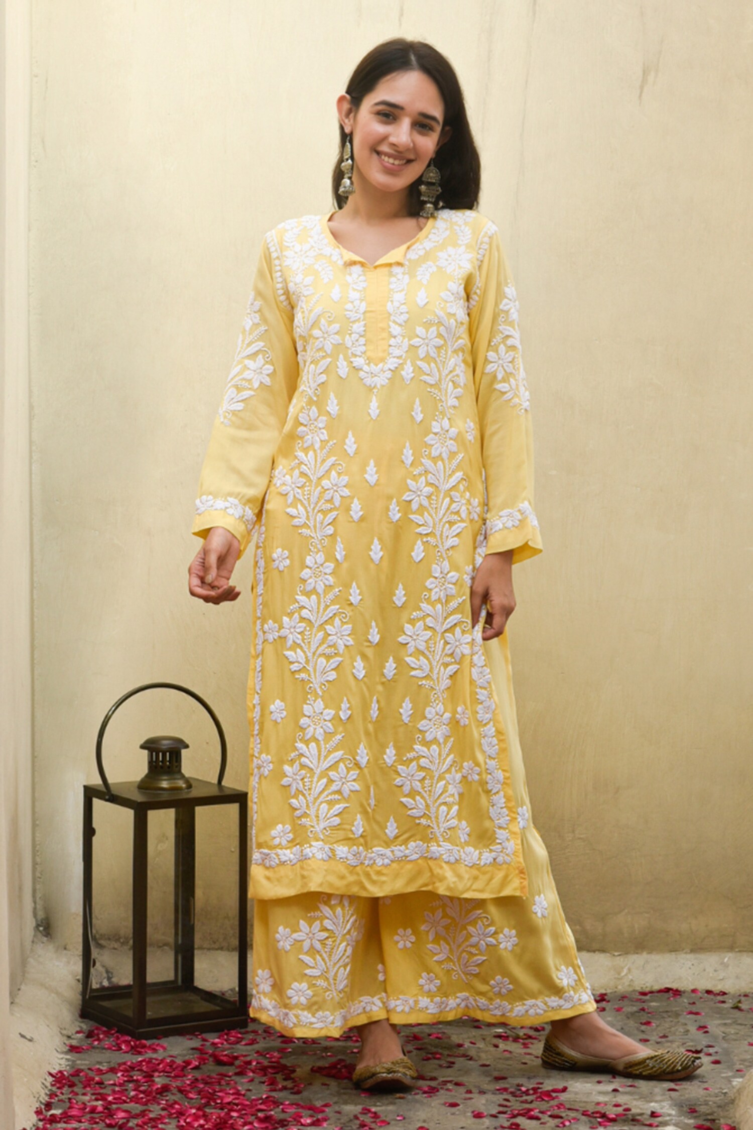 Buy Yellow Modal Hand Embroidered Malak Kurta And Flared Pant Set For