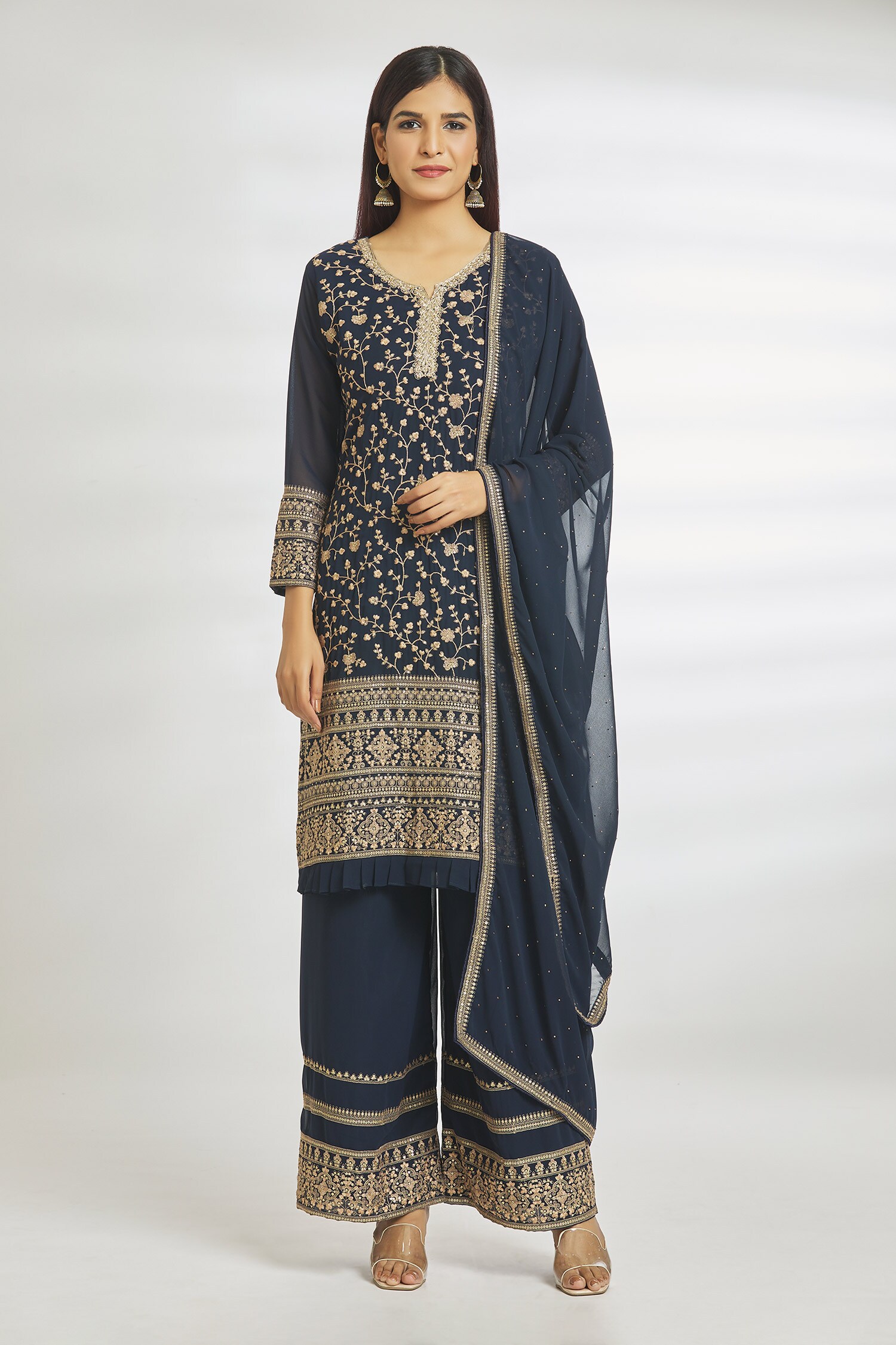 Buy Adara Khan Blue Thread Embroidered Kurta Palazzo Set Online Aza