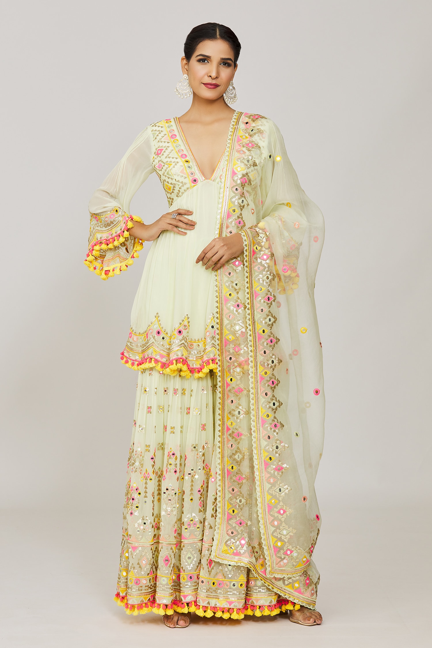 Buy Green Peplum Kurta And Sharara Georgette Embroidered Hand Zohra