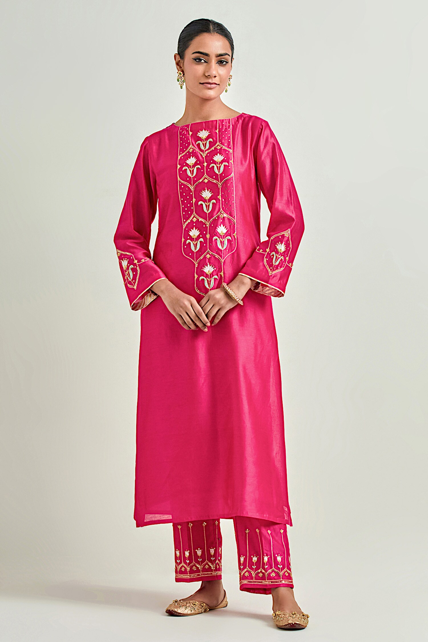 Buy Fuchsia Silk Chanderi Embroidered Sequins Floral Kurta And Pant Set