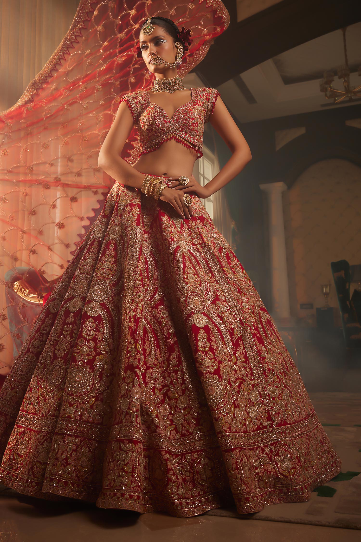 Buy Red Raw Silk Embroidery Zari Thread Alluring Bridal Lehenga Set For