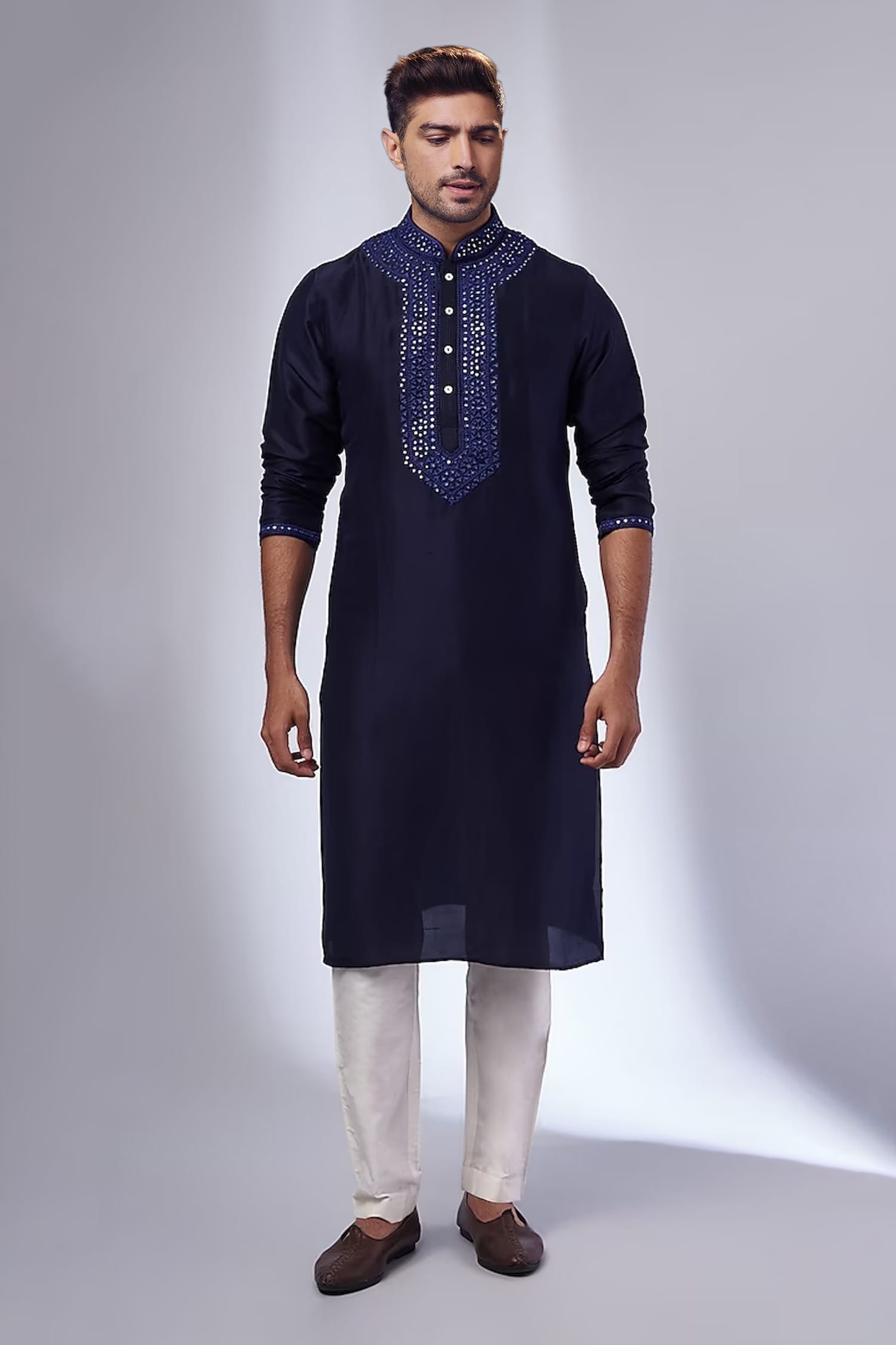 Buy Blue Pure Silk Embroidered Mirror Work Kurta And Pant Set For Men