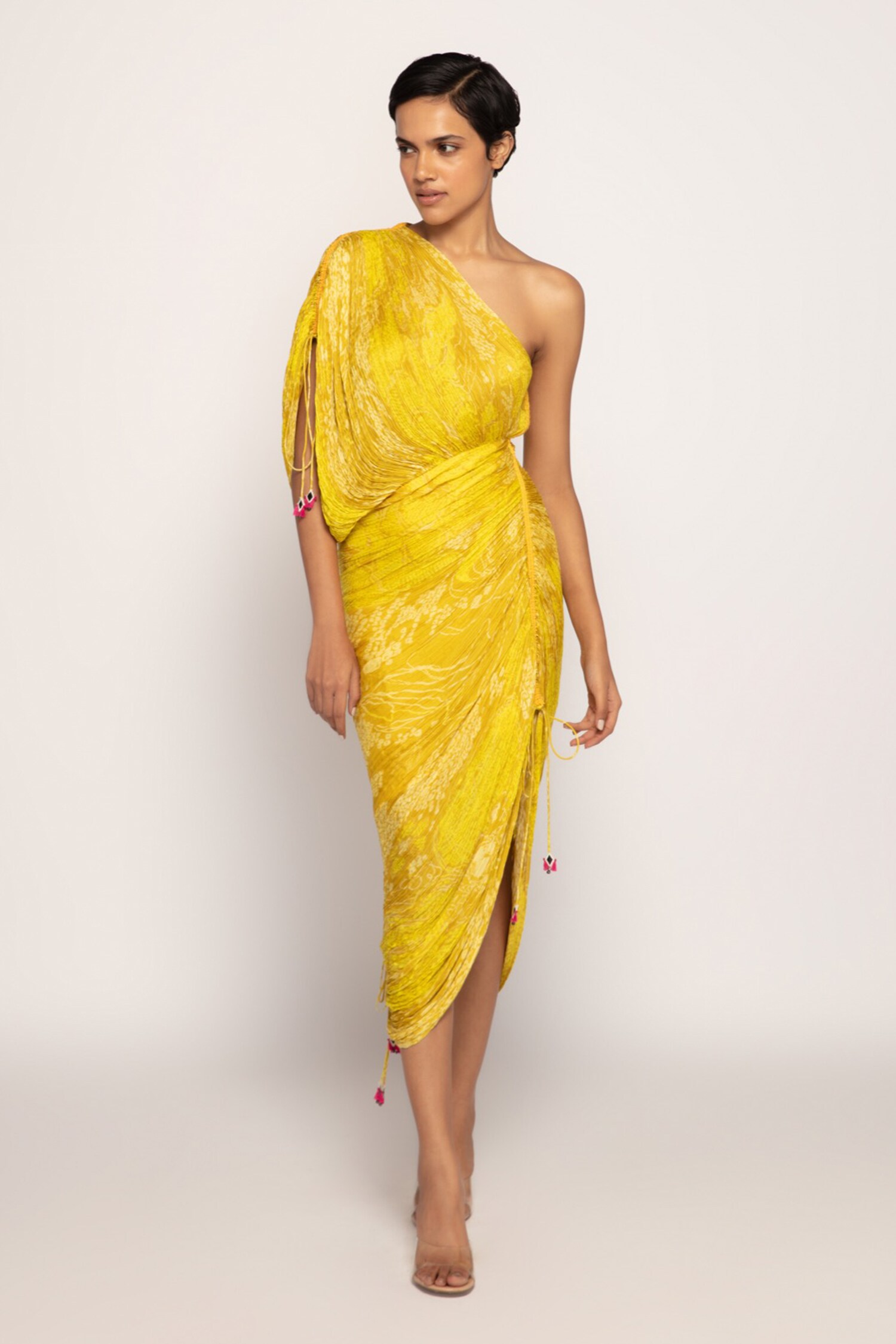 Buy Yellow Cotton Silk Print Bandhani Asymmetric One Shoulder For Women