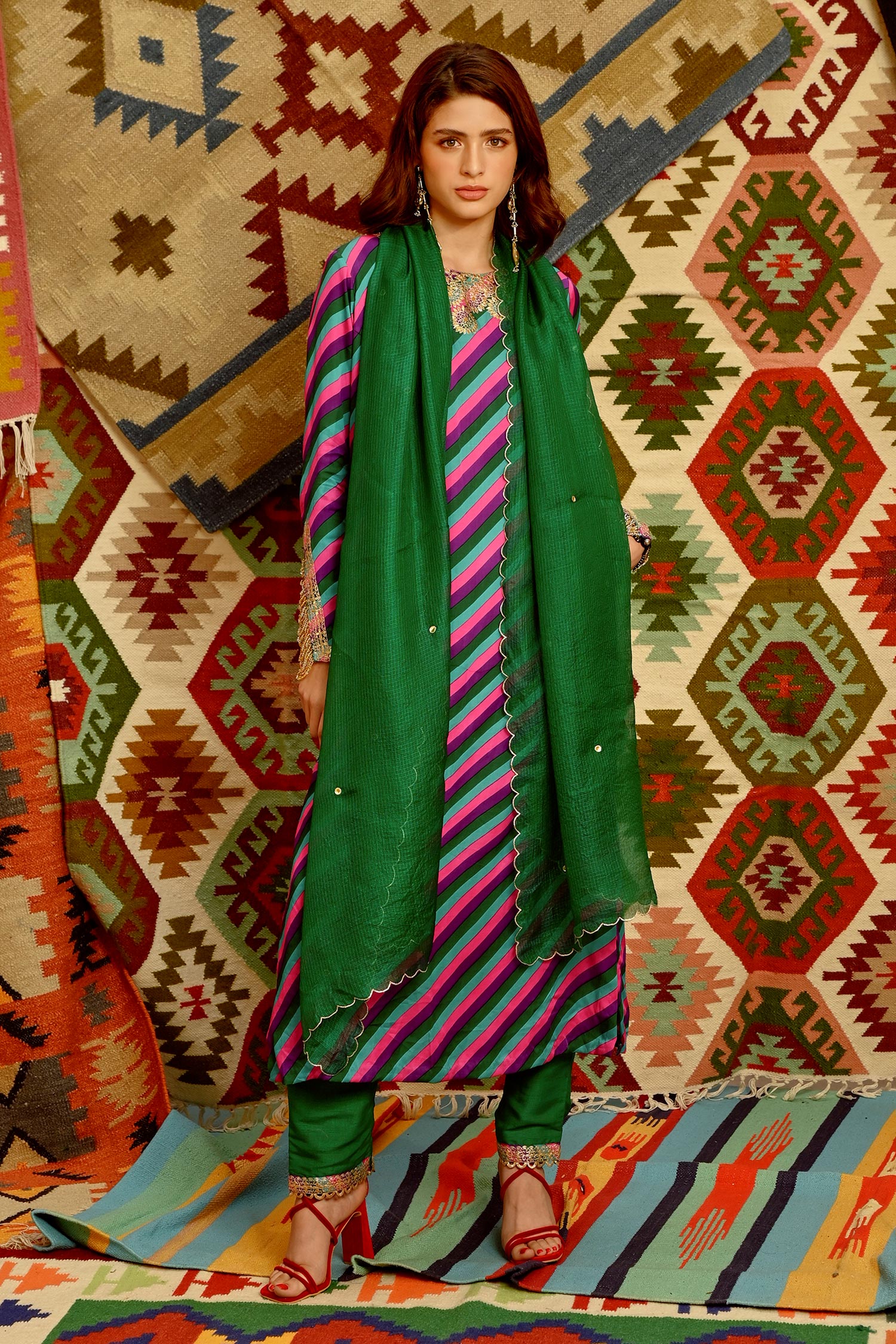 Buy Multi Color Kurta Silk Blend Indi Leheriya Straight Kurta Pant Set