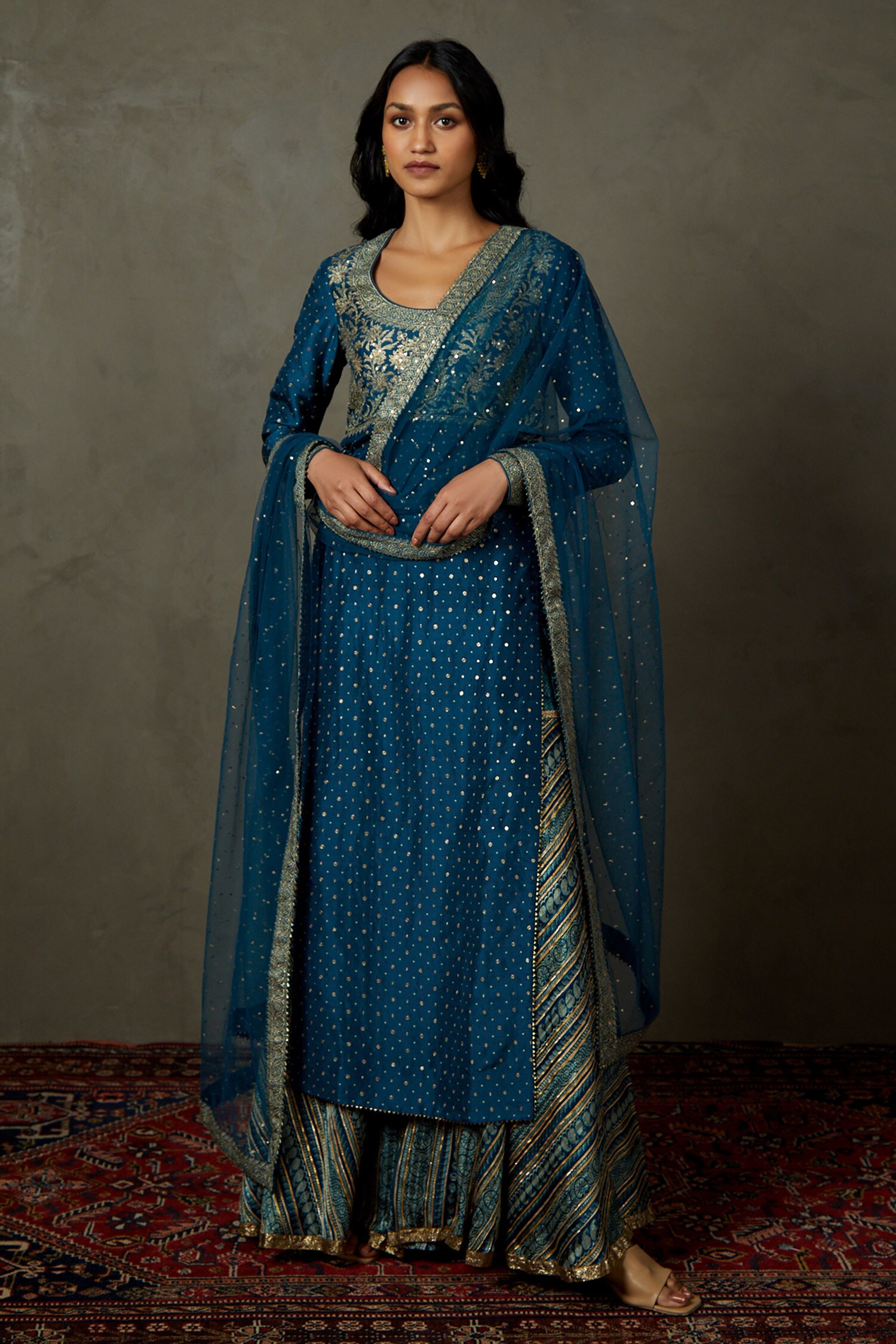 Buy Ri Ritu Kumar Blue Silk Flat Dupion Polka Dot Woven Kurta Gharara