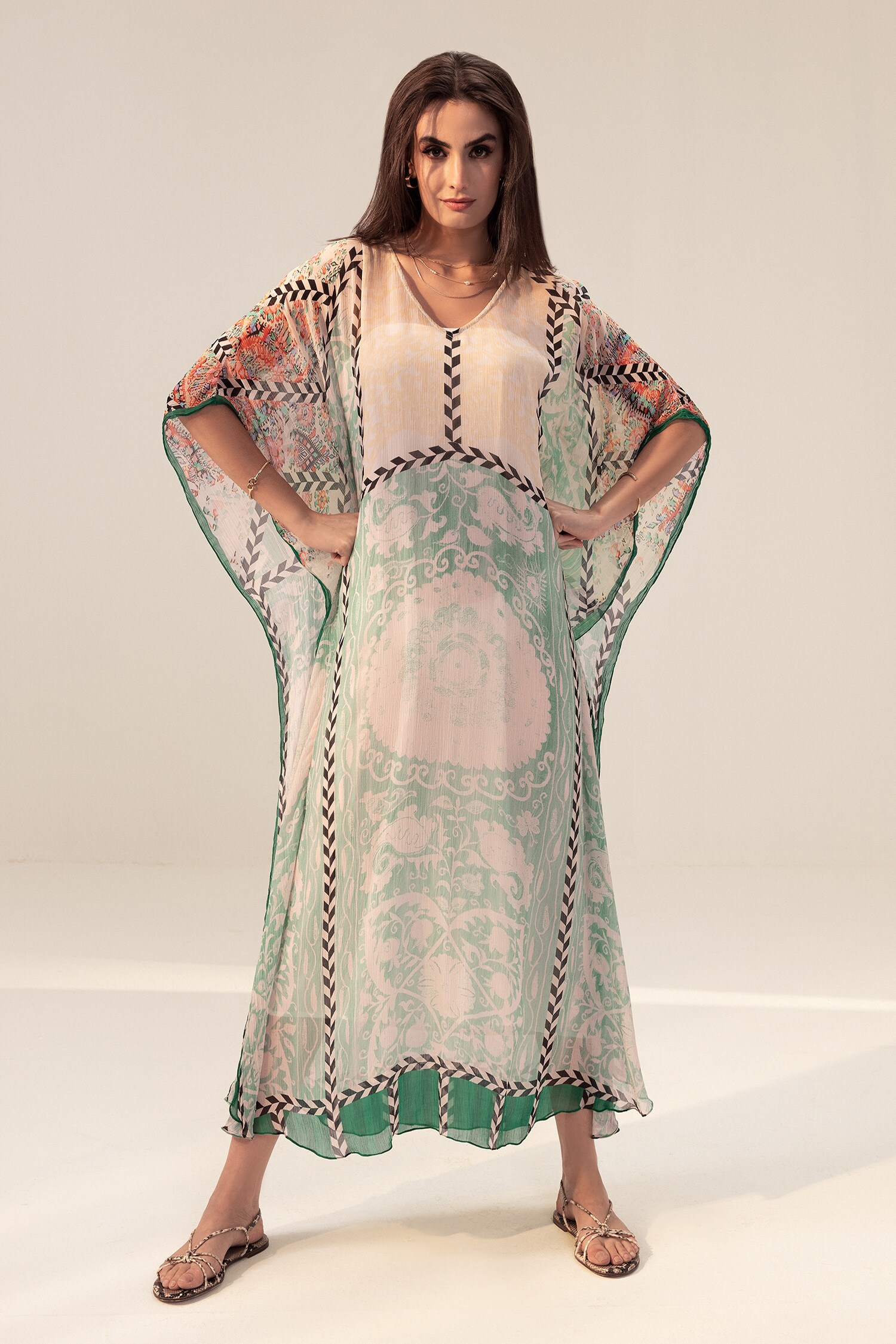 Buy Green Bemberg Georgette Printed Paisley V Neck Elan Kaftan For