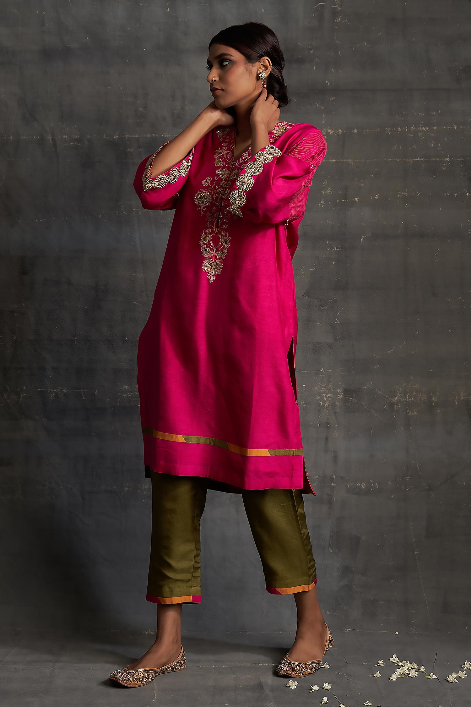 Buy Pink Raw Silk Embroidered Floral V Neck Waqif Kurta Pant Set For