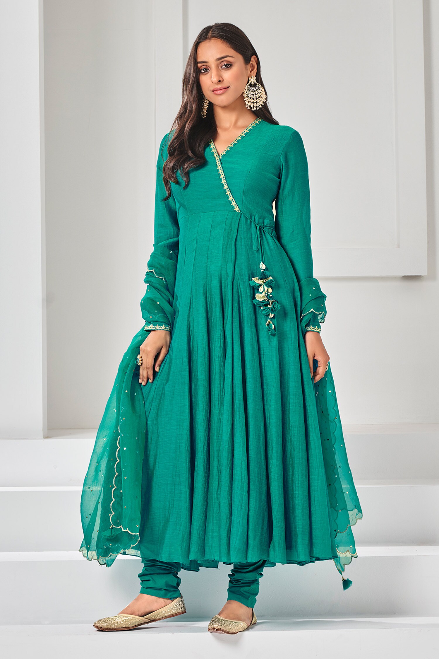 Buy Green Anarkali Soft Chanderi Embroidered Aari V Neck Pita Angrakha