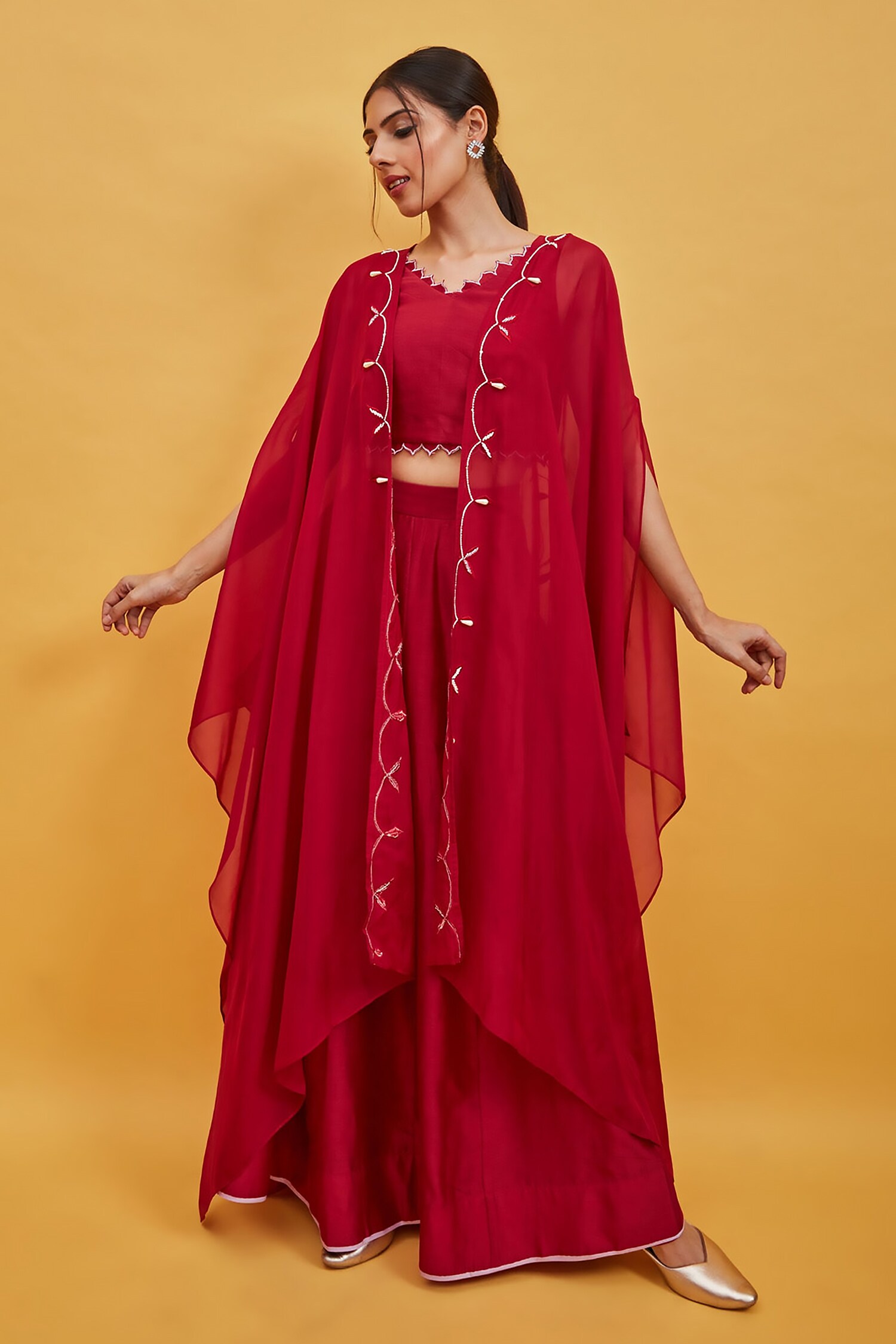 Buy Red Cape Organza Hand Embroidered Cutdana V Neck Palazzo Set For