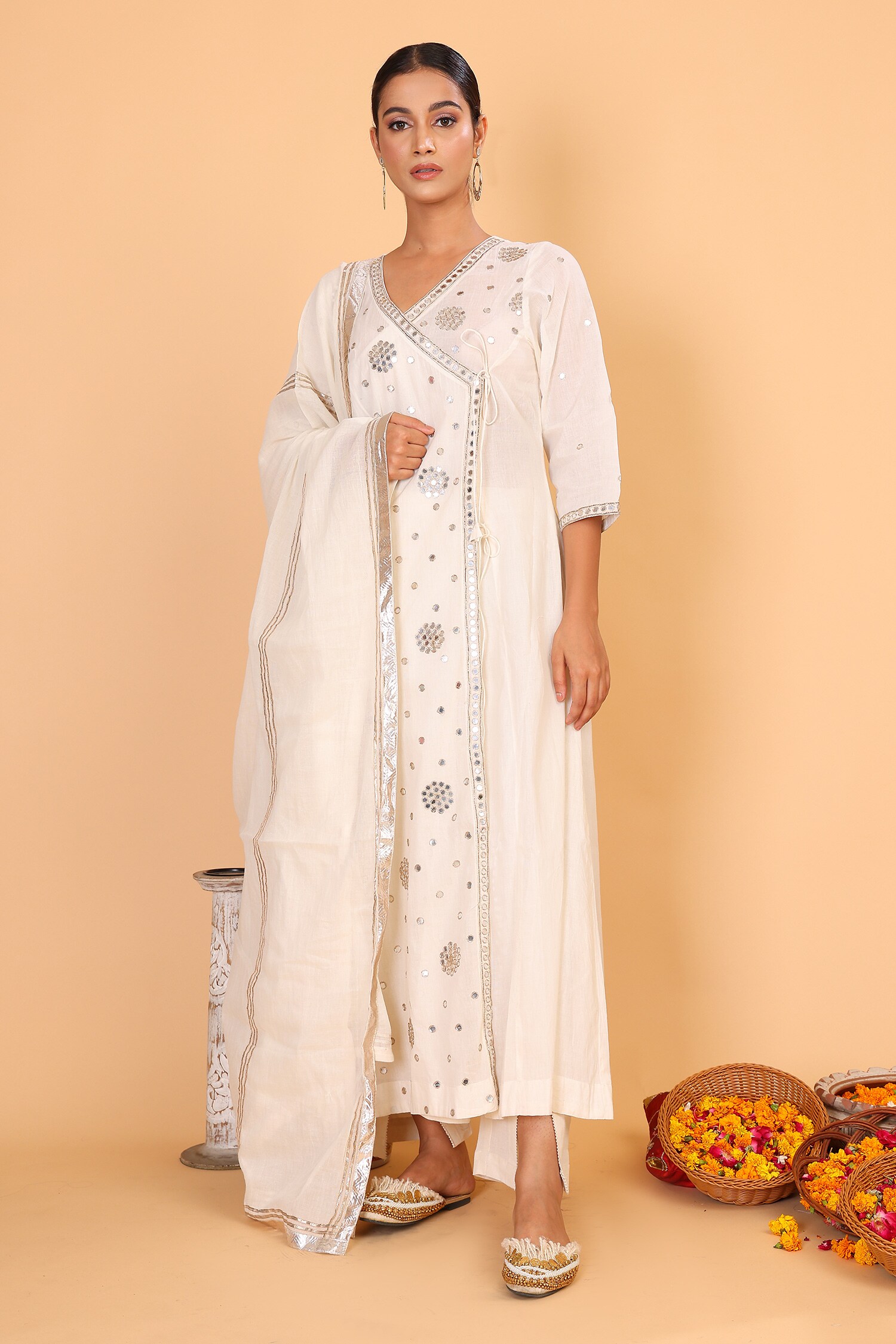 Buy Nazar By Indu Off White Cotton Mirror Work Angrakha And Pant Set