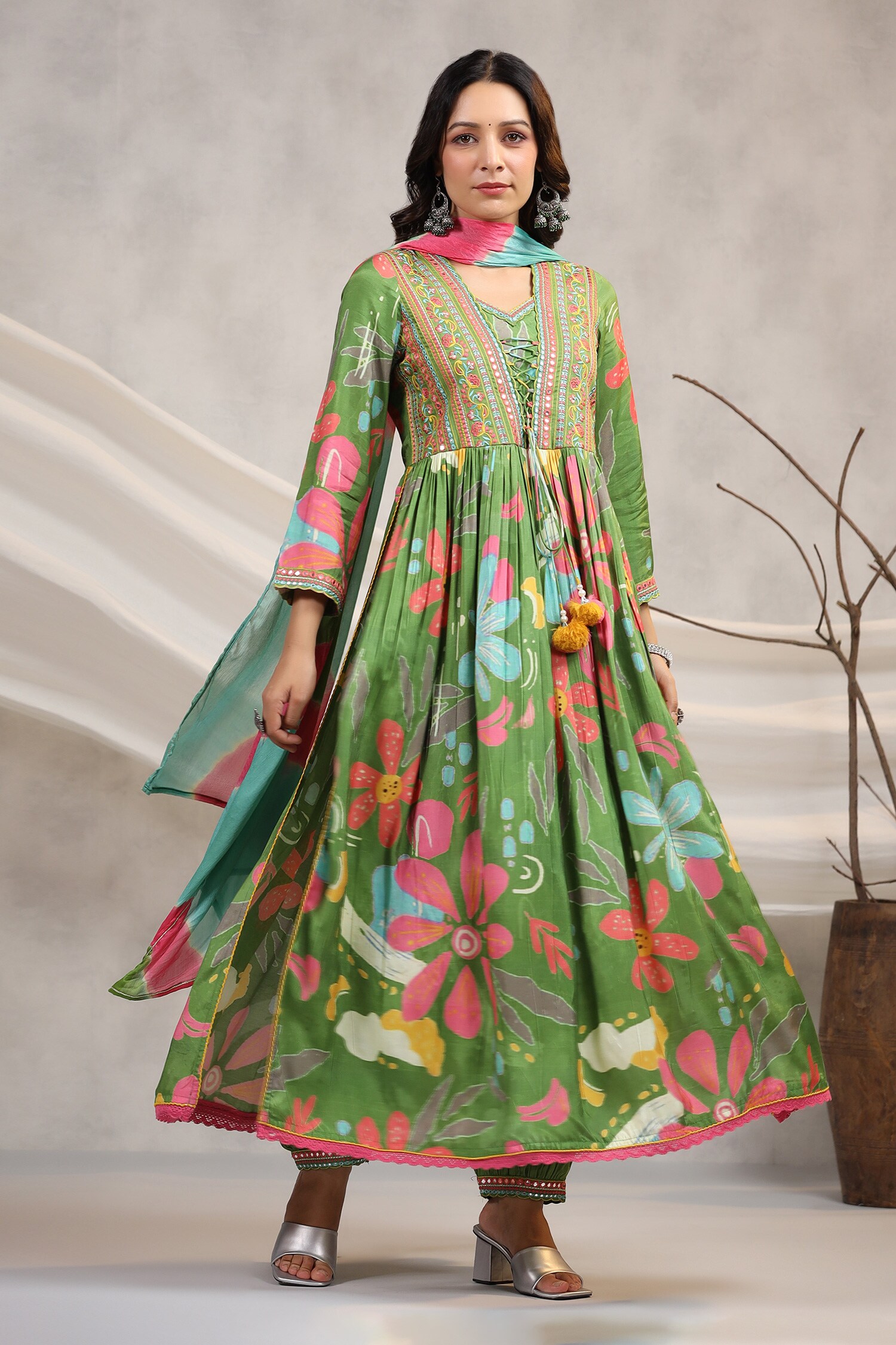 Buy Green Anarkali Muslin Embroidery Blossom V Neck Pattern Set For