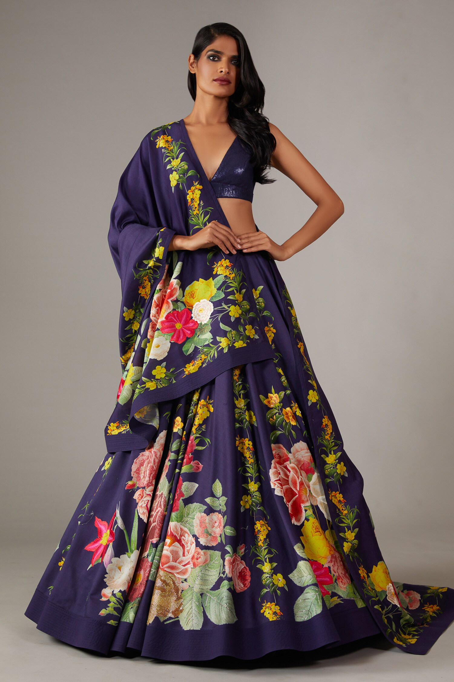 Buy Rohit Bal Blue Organza Floral Print Embellished Lehenga Blouse Set