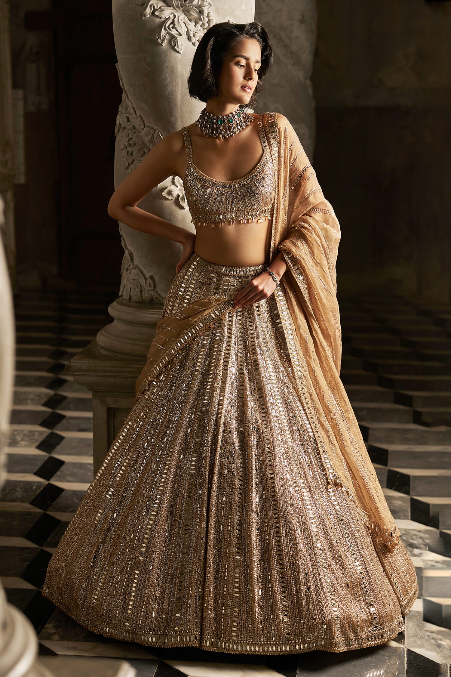 Buy Gold Net Embroidered Mirror Round Bridal Lehenga Set For Women By