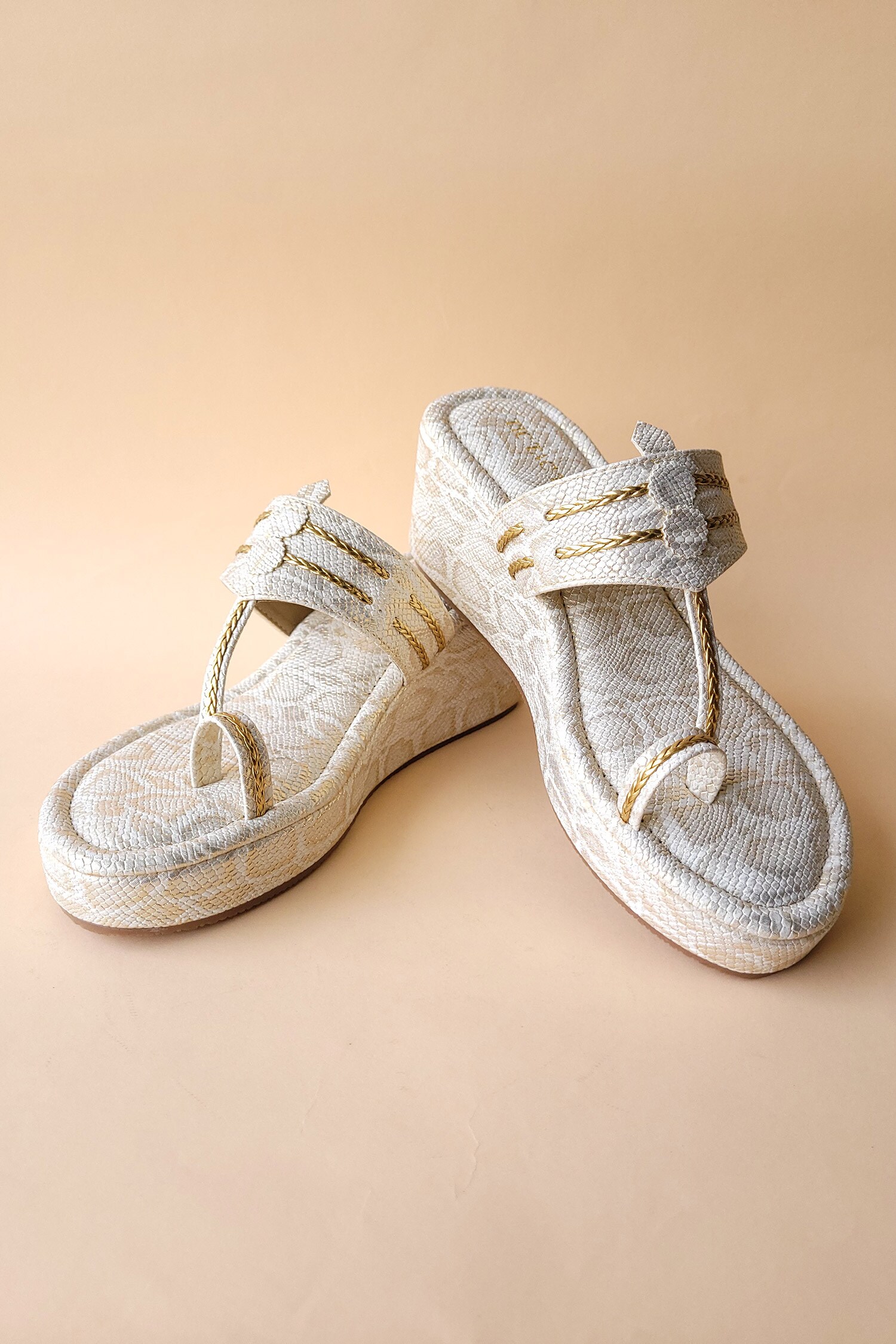 Buy White Textured Kolhapuri Flatforms By Tic Tac Toe Footwear Online