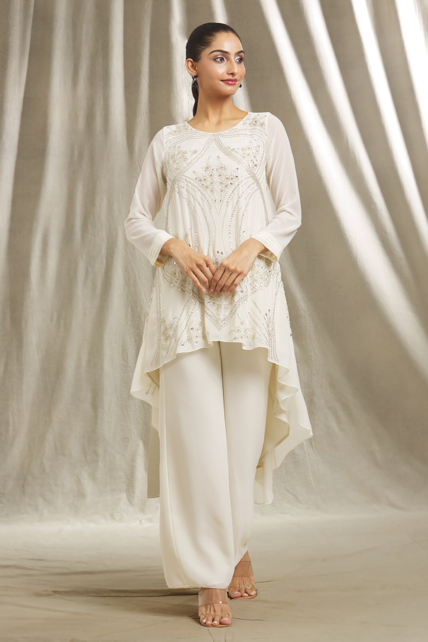 Buy Ivory Georgette Hand Embroidered Cut Dana Asymmetric Tunic And Pant