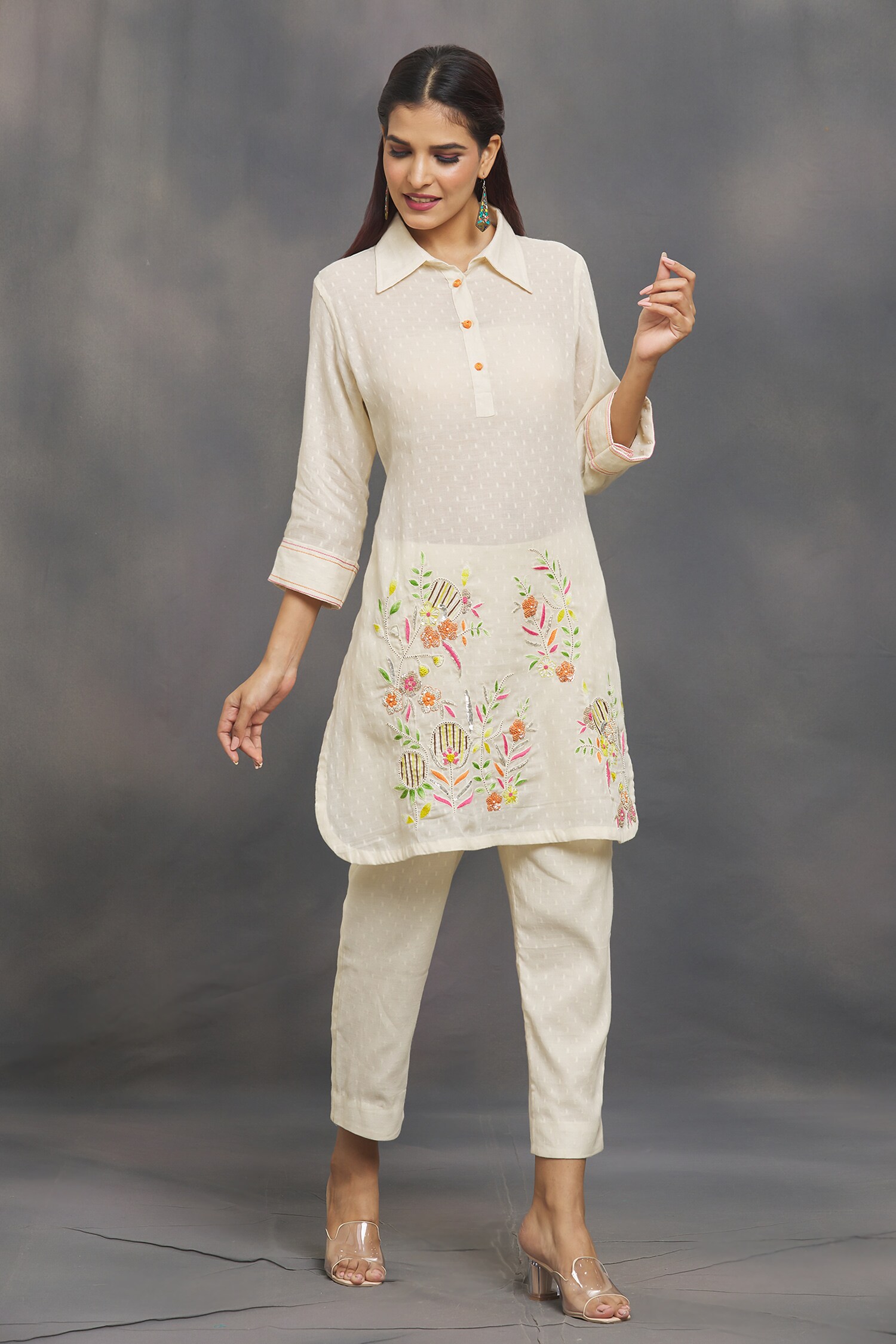 Buy Khwaab By Sanjana Lakhani White Cotton Moss Floral Embroidered