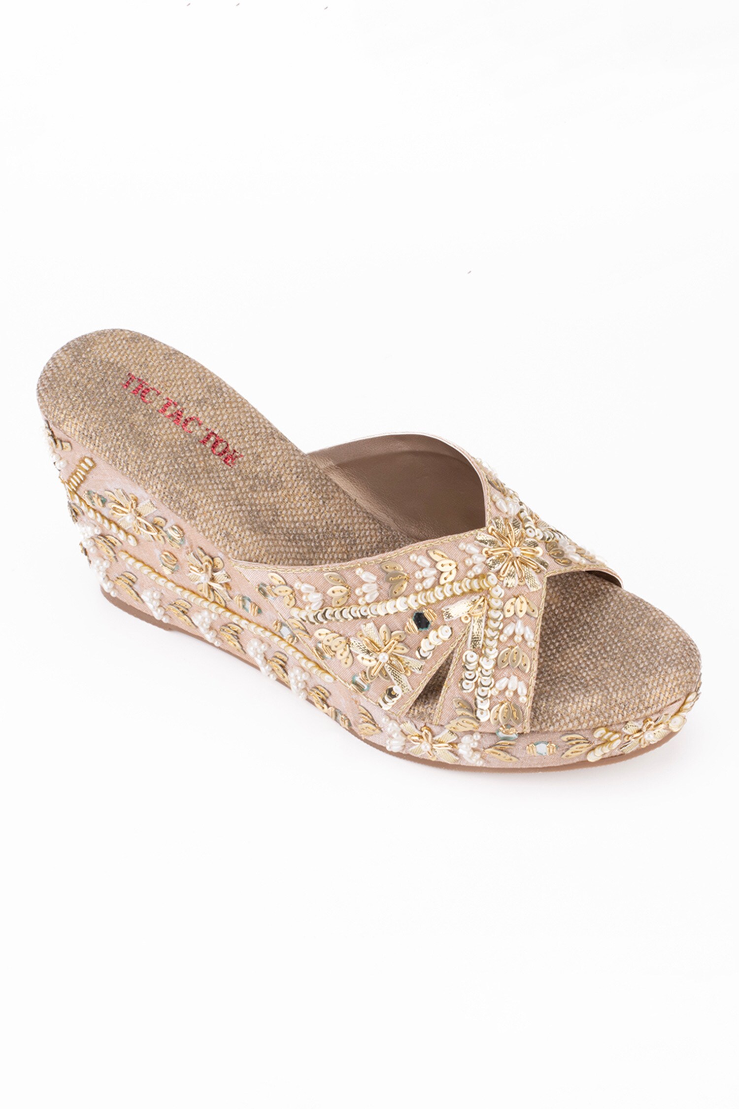 Buy Tic Tac Toe Footwear Gold Pu Leather Pearl Embroidered Strap Wedges