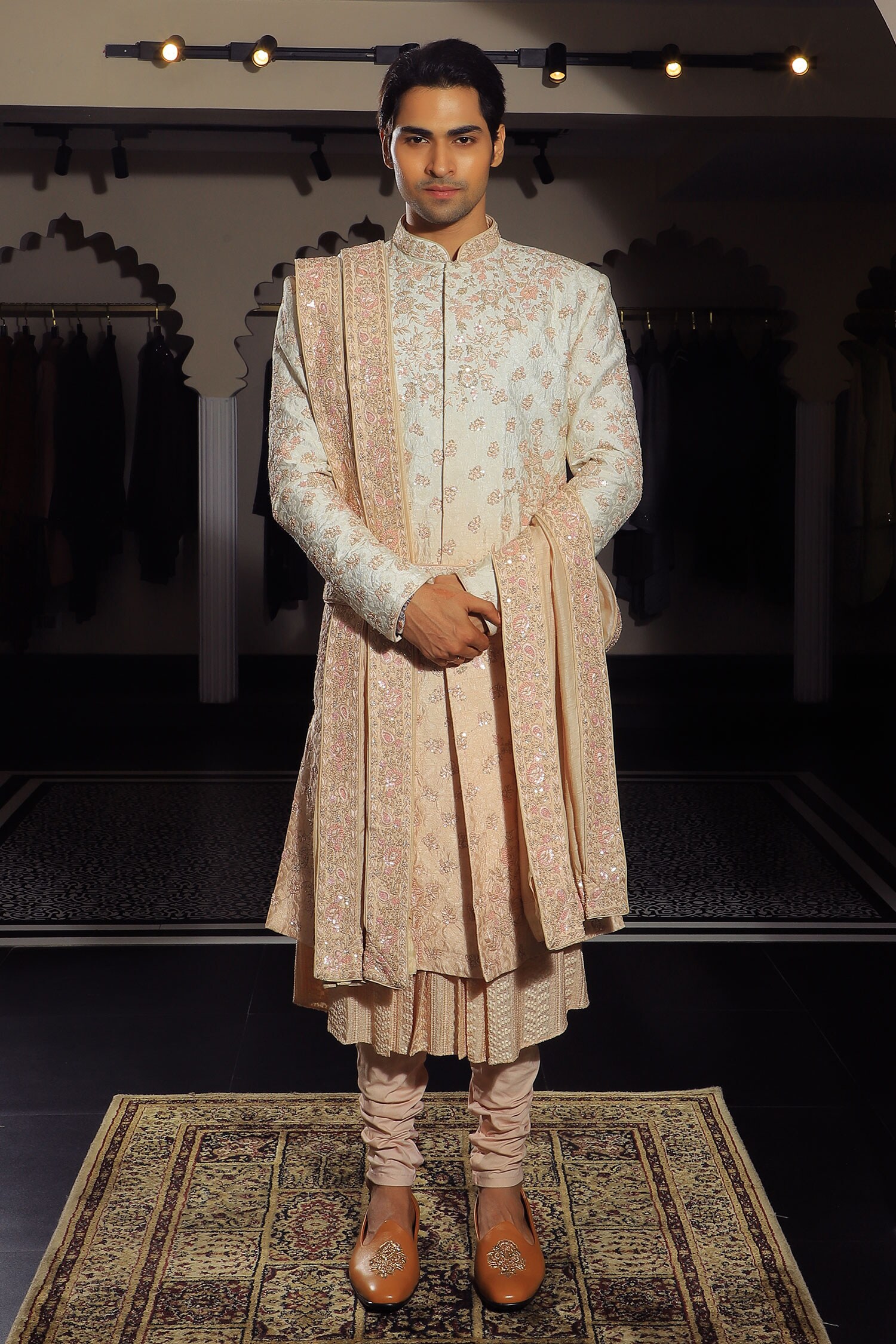 Buy Pink Silk Embroidery Thread Floral Sherwani Set For Men By YAJY By