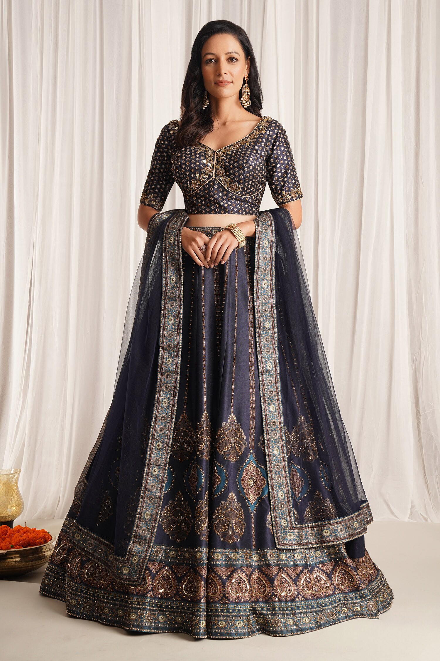 Buy Blue Silk Embroidered Cutdana V Neck Floral Print Lehenga Set For