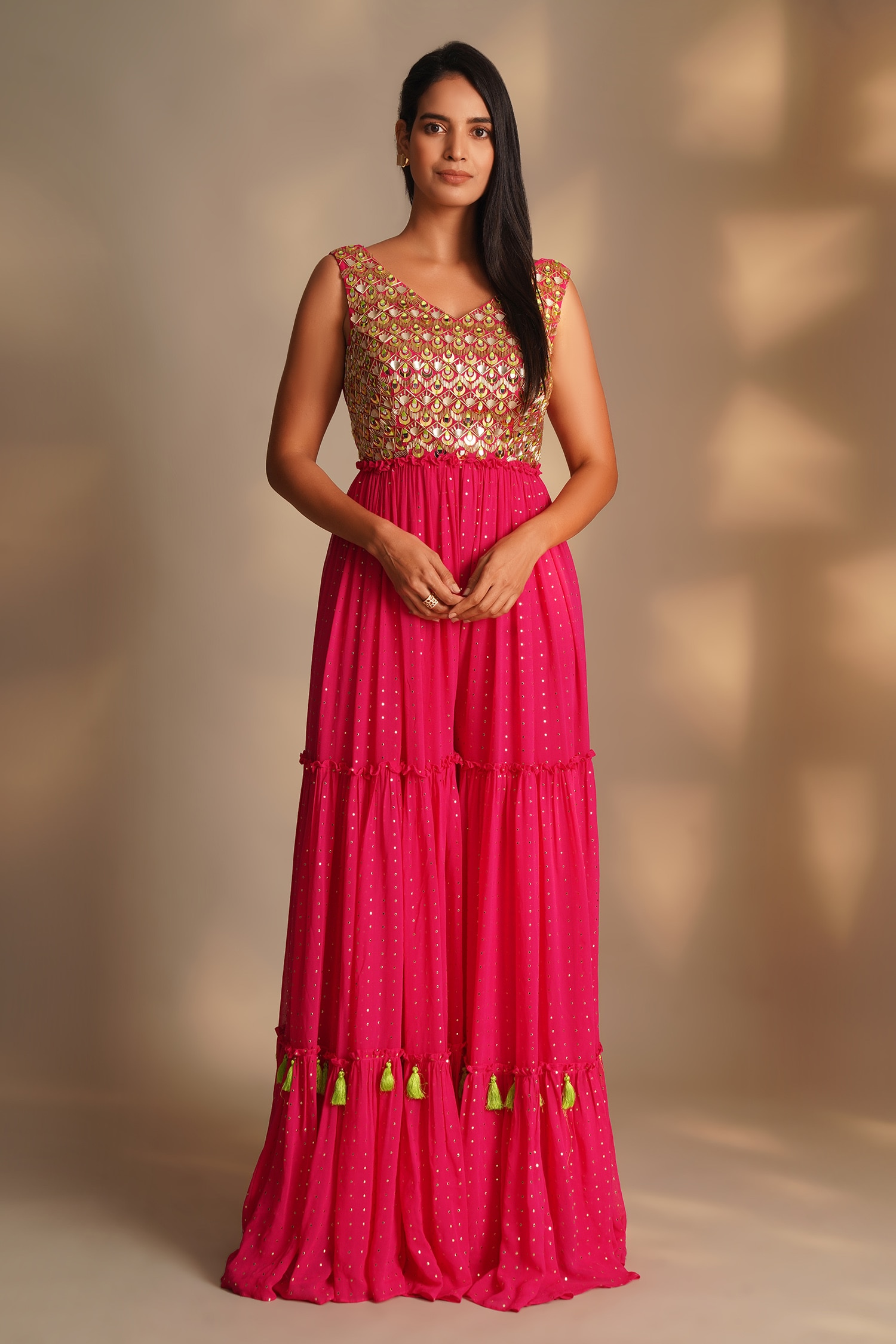 Buy Pink Georgette Embroidered Cutdana V Neck Sequin Jumpsuit For Women