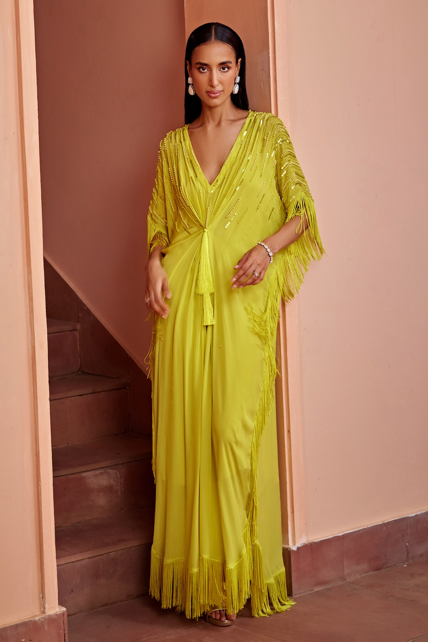 Buy Yellow Crepe Embroidered Bead V Neck Mavis Embellished Kaftan For