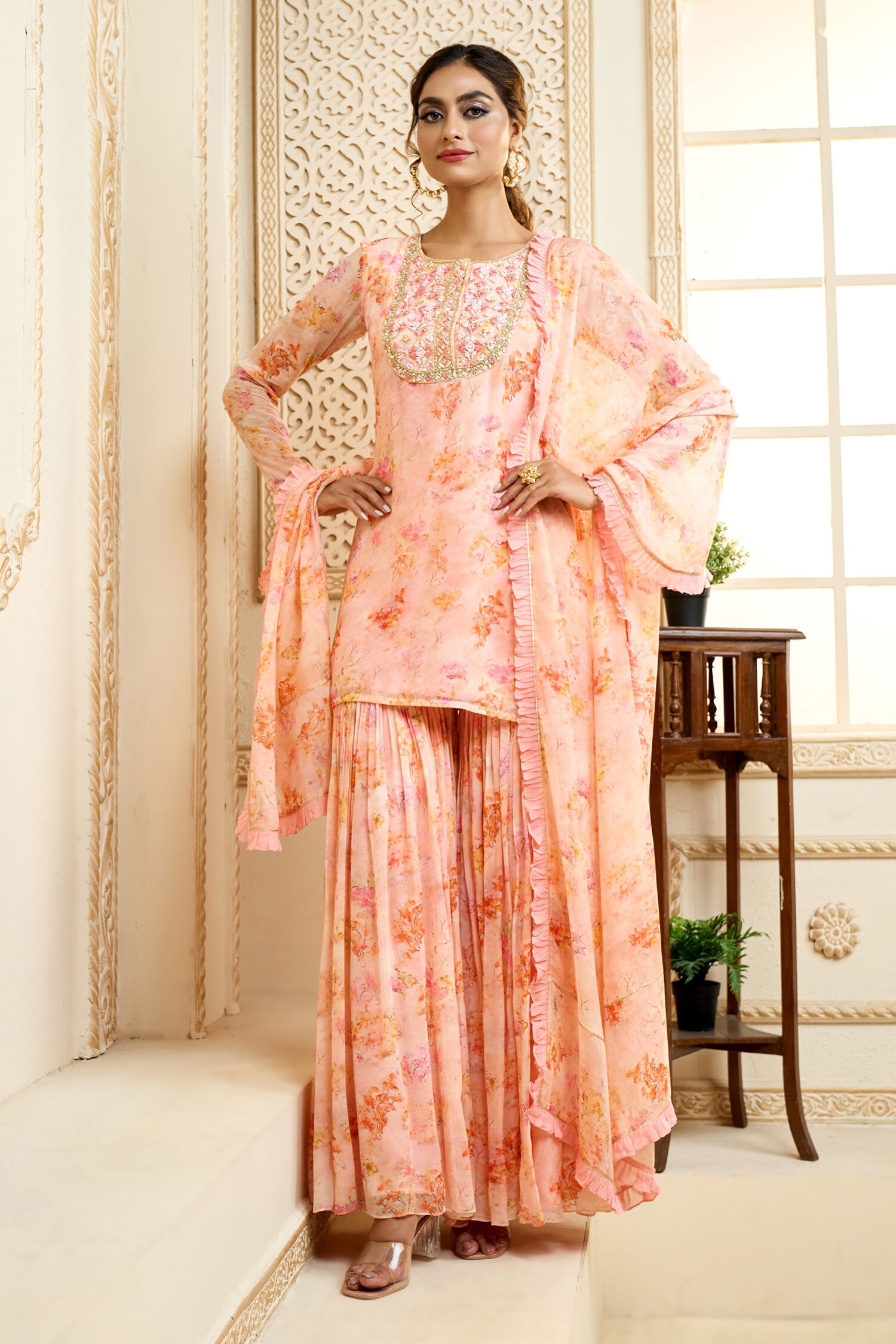 Buy Peach Chiffon Embroidered Floral Vintage Pattern Kurta Sharara Set