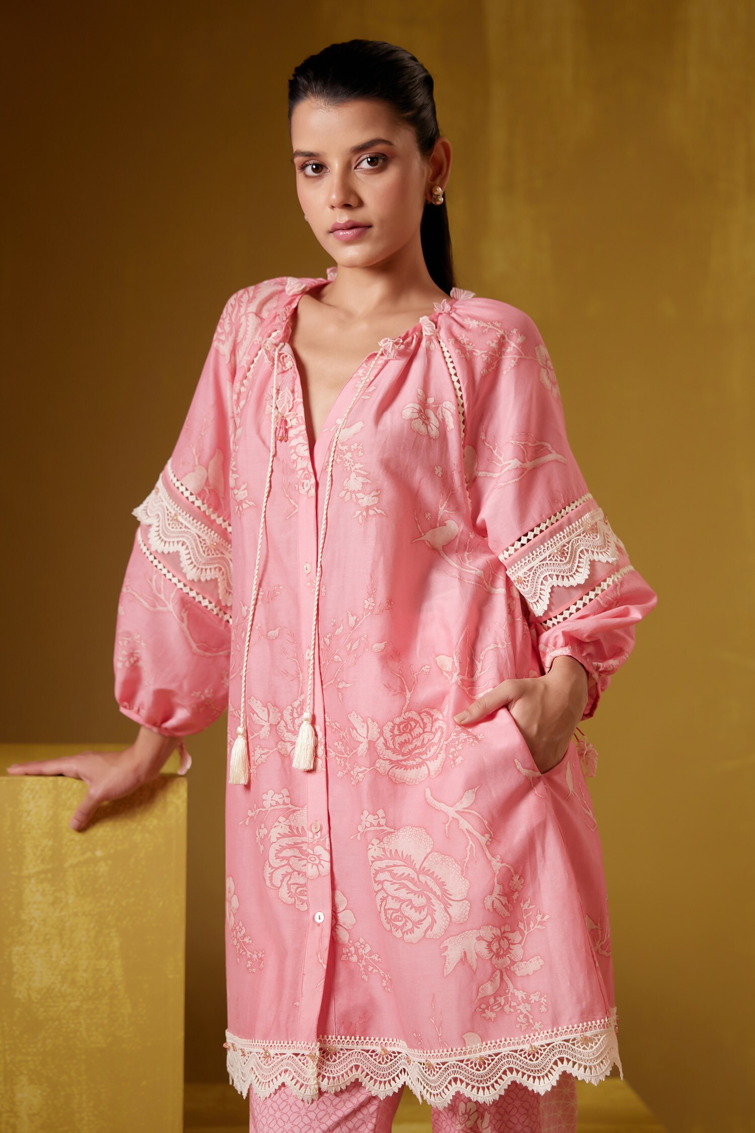 Buy Pink Cotton Silk Print Floral V Neck Nysa Flower Tunic For Women By