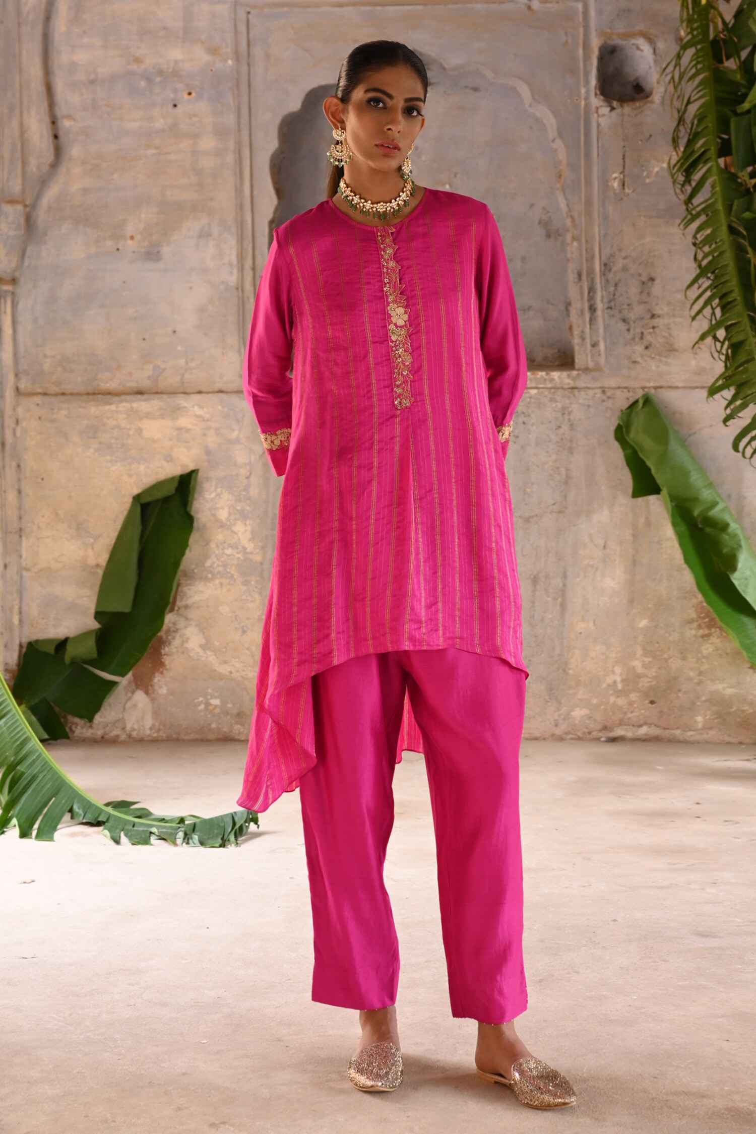 Buy Fuchsia Silk Embroidered Zardozi Work Kurta Placement And Pant Set