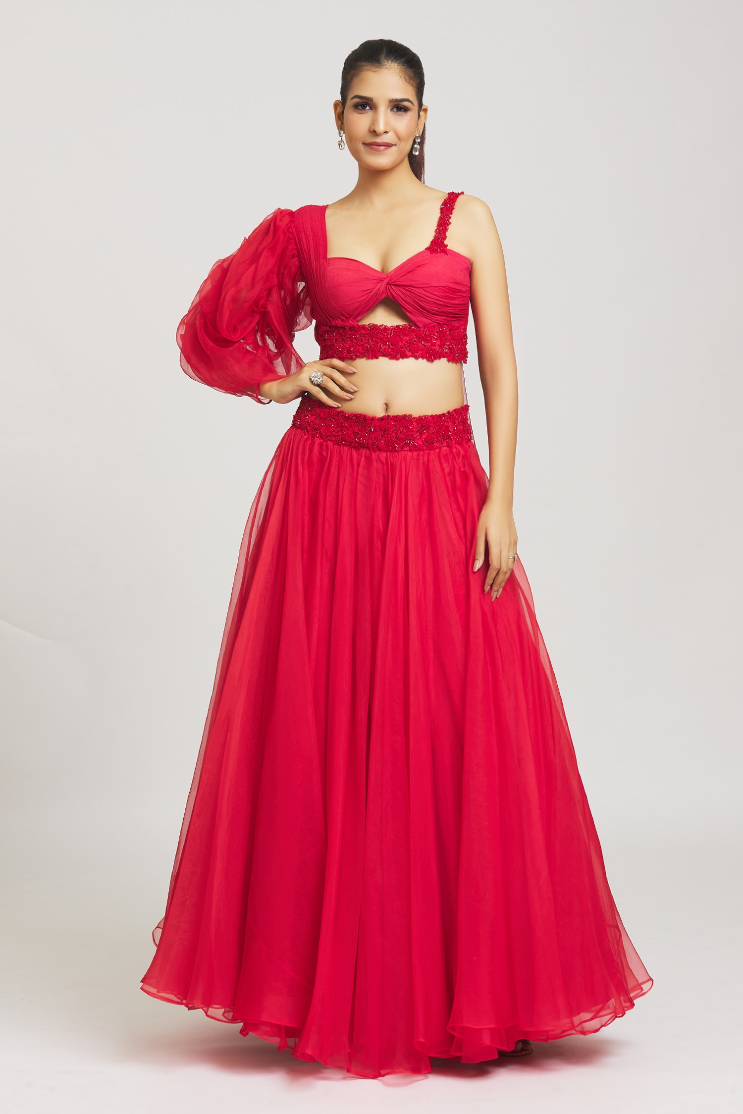 Buy Red Lehenga Organza Embroidery Cutdana Rosa Waistband And Blouse