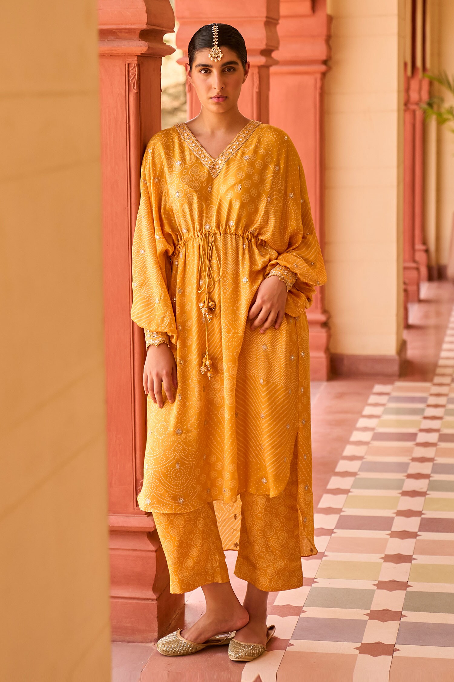 Buy Yellow Satin Silk Print Bandhani V Neck Kaftan With Pant For Women