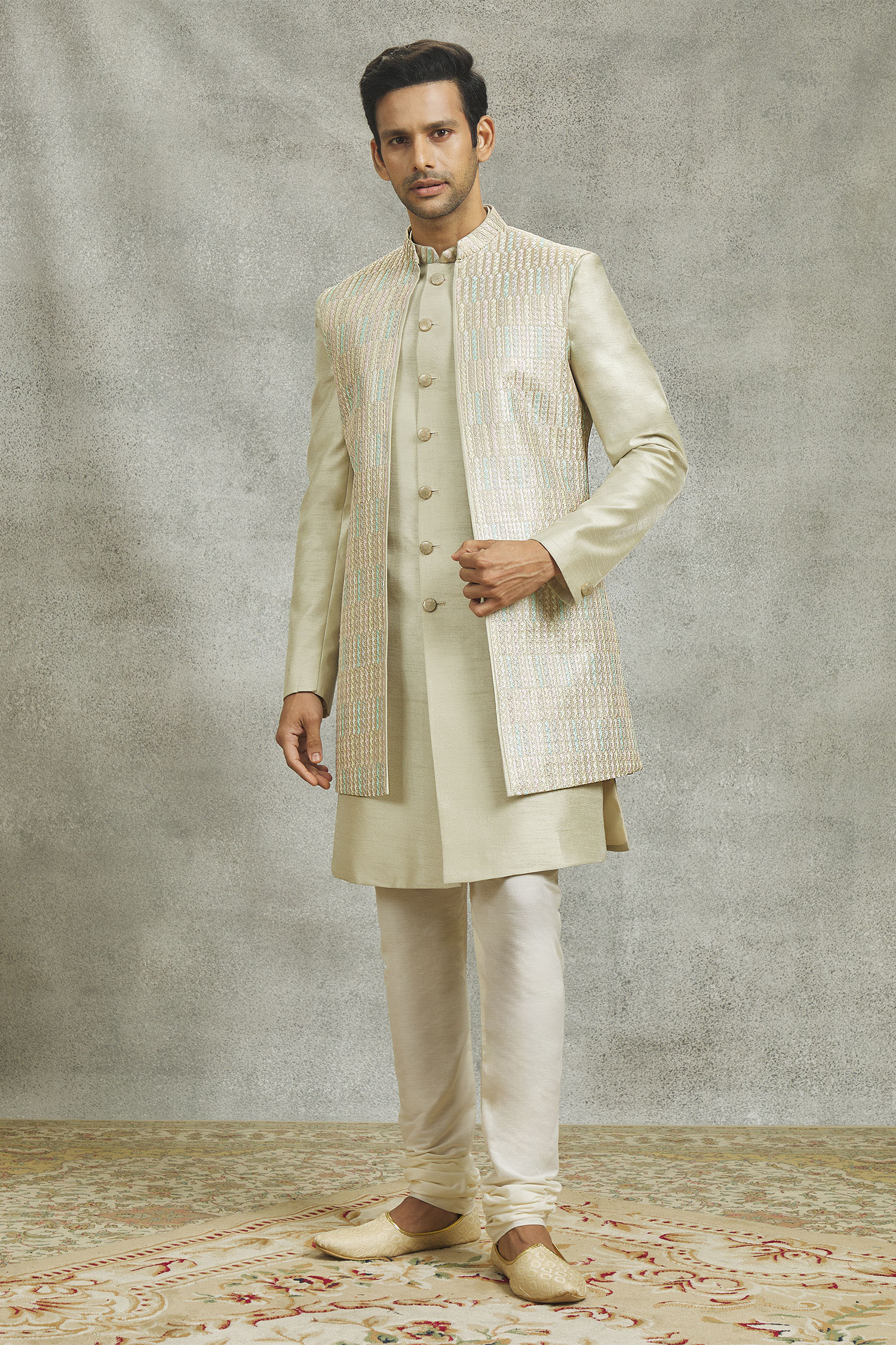 Buy Green Silk Embroidery Sequin Bundi Kurta Set For Men By Alaya