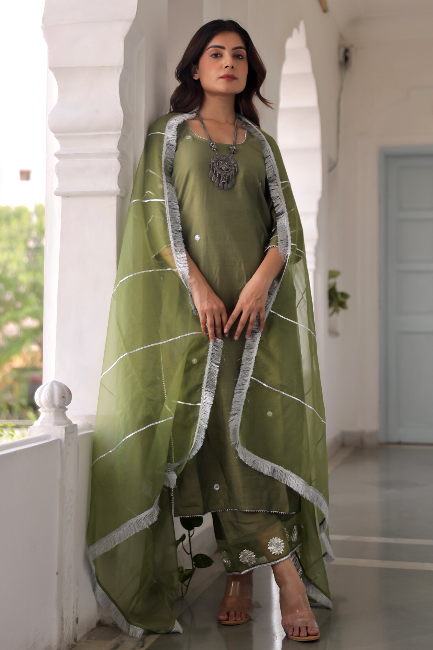 Buy Green Chanderi Embroidery Gota Patti Round Placement Kurta Set For