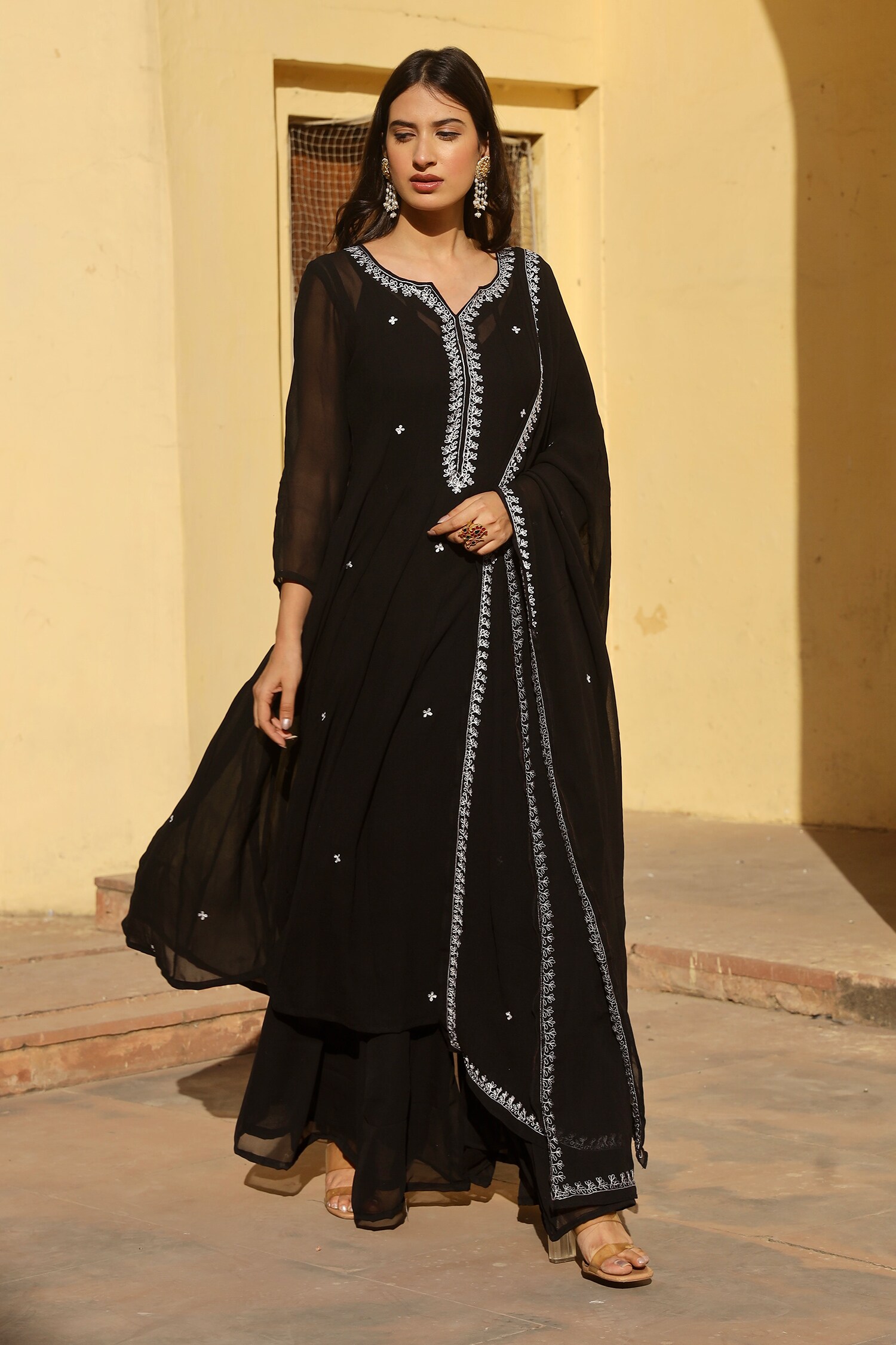 Buy Black Georgette Hand Embroidered Aari Work Anarkali Notched Round