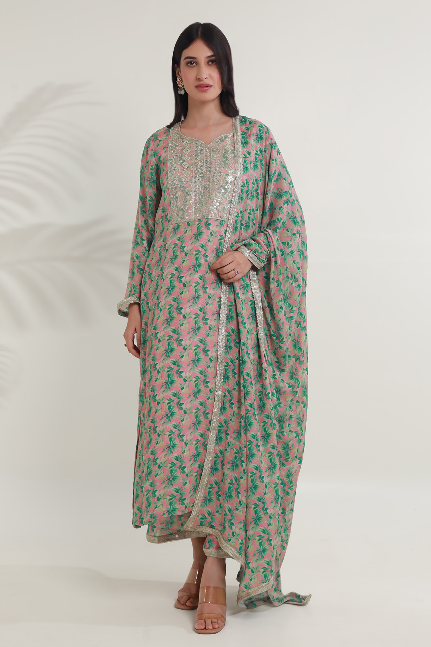 Buy Green Viscose Chinon Print Foliage Bloom Sweetheart Kurta Pant Set