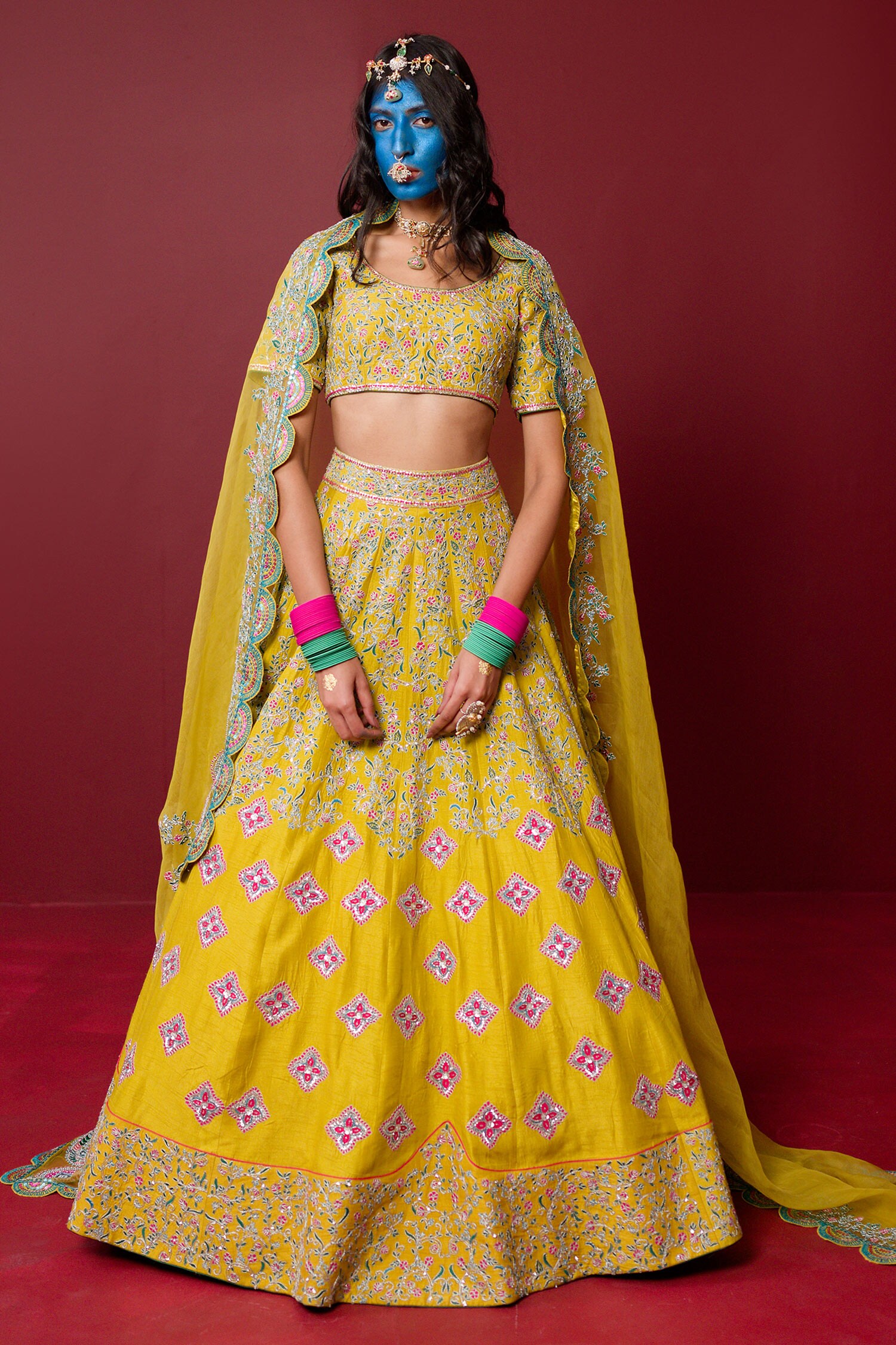 Buy Yellow Viscose Raw Silk Embroidery Floral Round Rudrani Lehenga Set