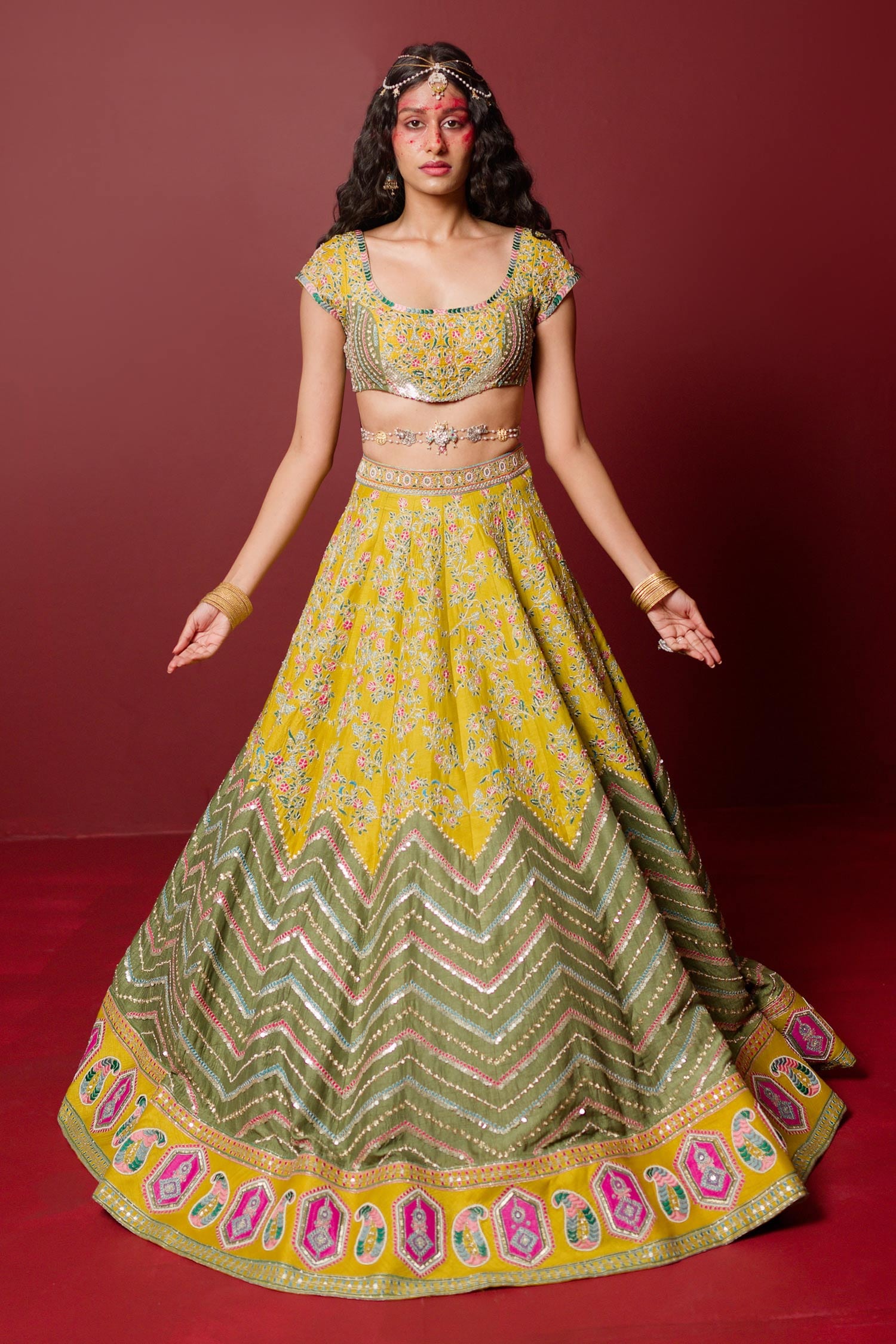 Buy Yellow Viscose Raw Silk Aarya And Chevron Lehenga With Blouse For