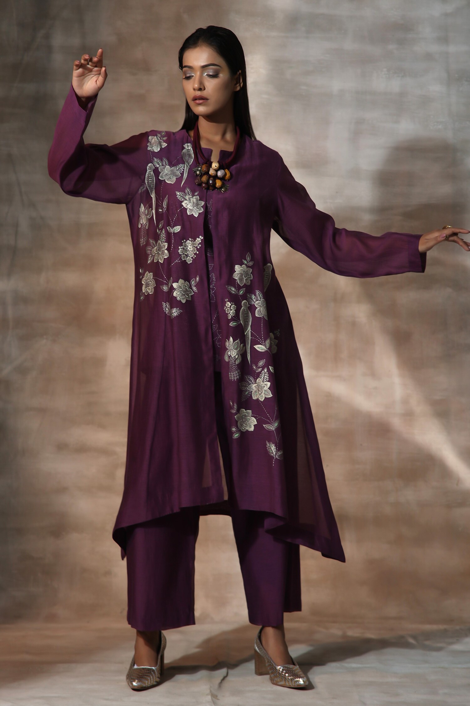 Buy Purple Chanderi Hand Painted Floral Mandarin Collar Jacket Palazzo