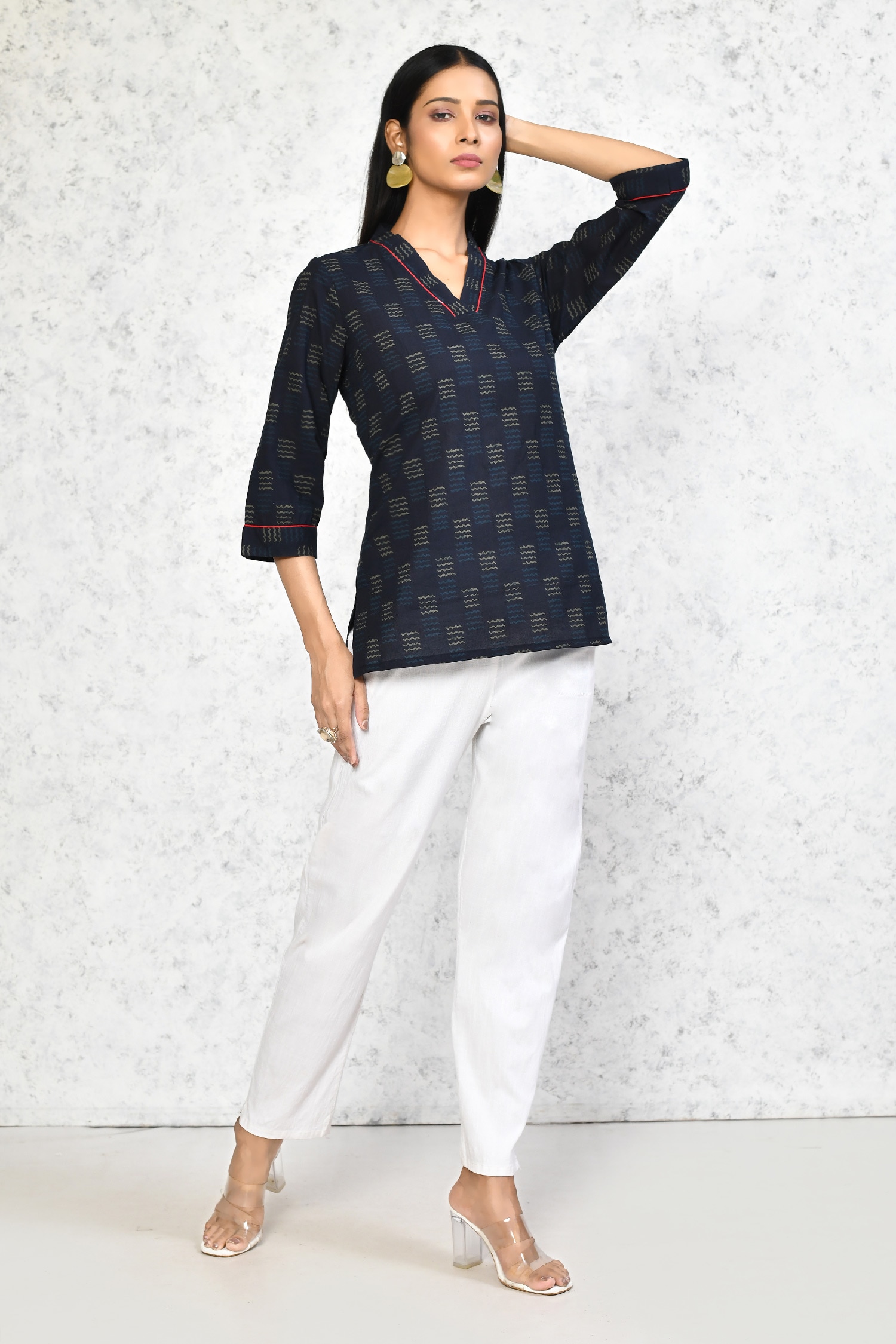 Buy Blue Cotton Print Geometric V Neck Short Kurti For Women By Adara