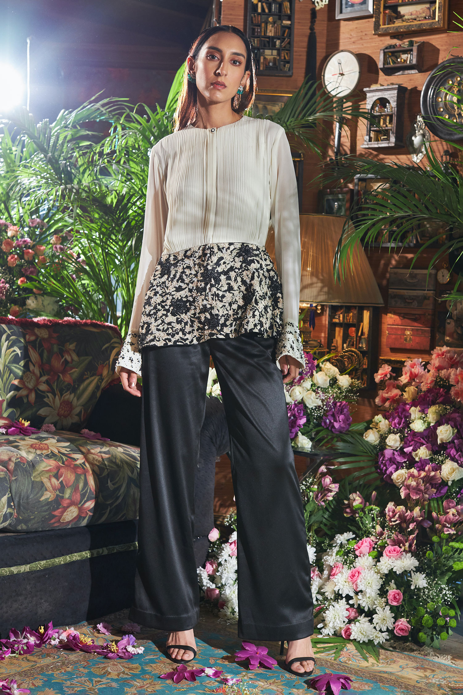 Buy Ivory Georgette Silk Hand Embroidered Floral Peplum Top And Pant