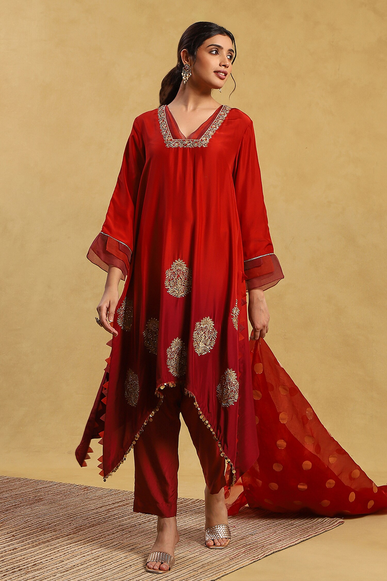 Buy Red Silk Embroidery Zari Thread V Neck Jaffrin Neckline Kurta Set